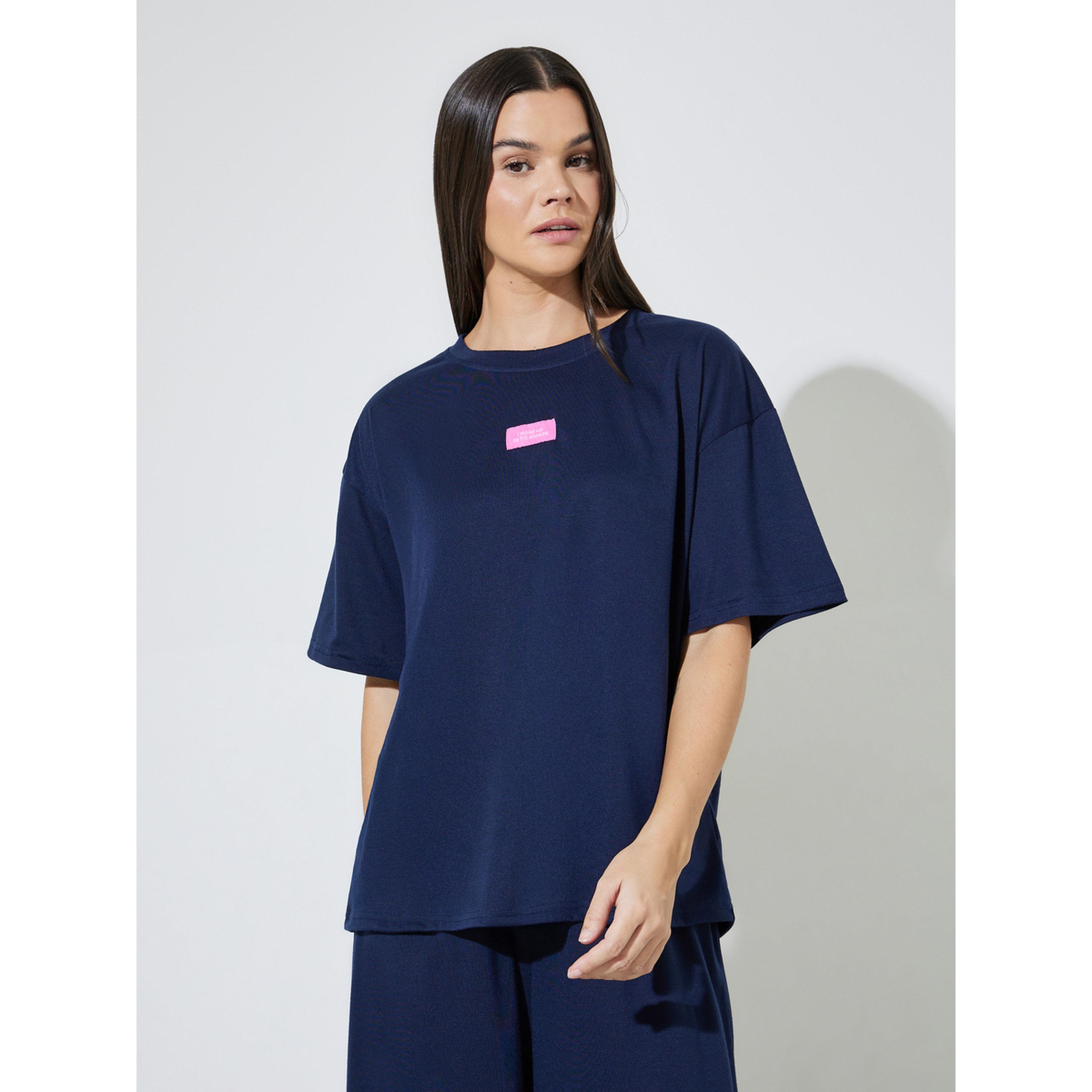 Styli Navy Patch Detail Drop Shoulder T-Shirt and Wide Leg Pyjama Set-women-clothing-nightwear-pyjamas-longsets-image-2