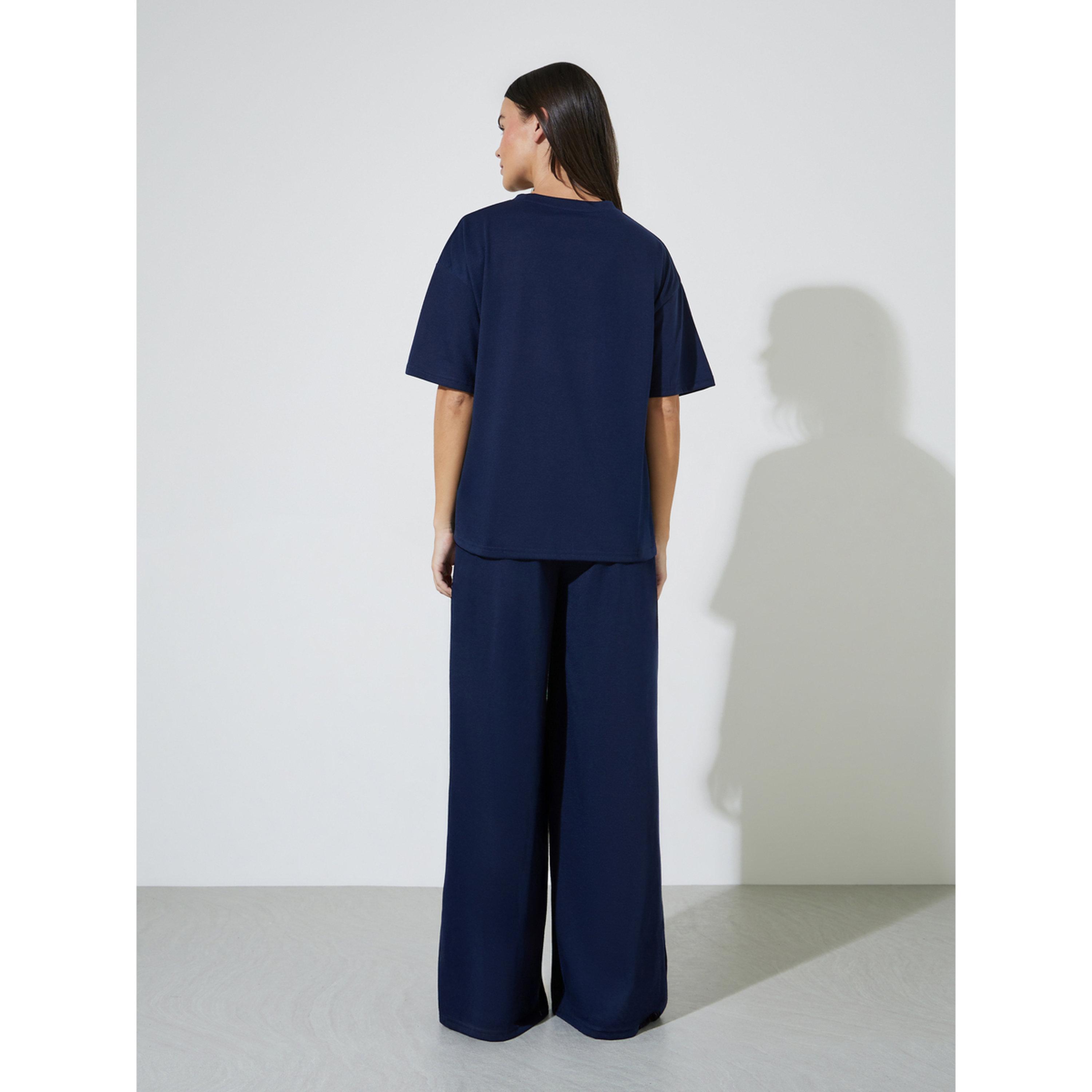 Styli Navy Patch Detail Drop Shoulder T-Shirt and Wide Leg Pyjama Set-women-clothing-nightwear-pyjamas-longsets-image-3