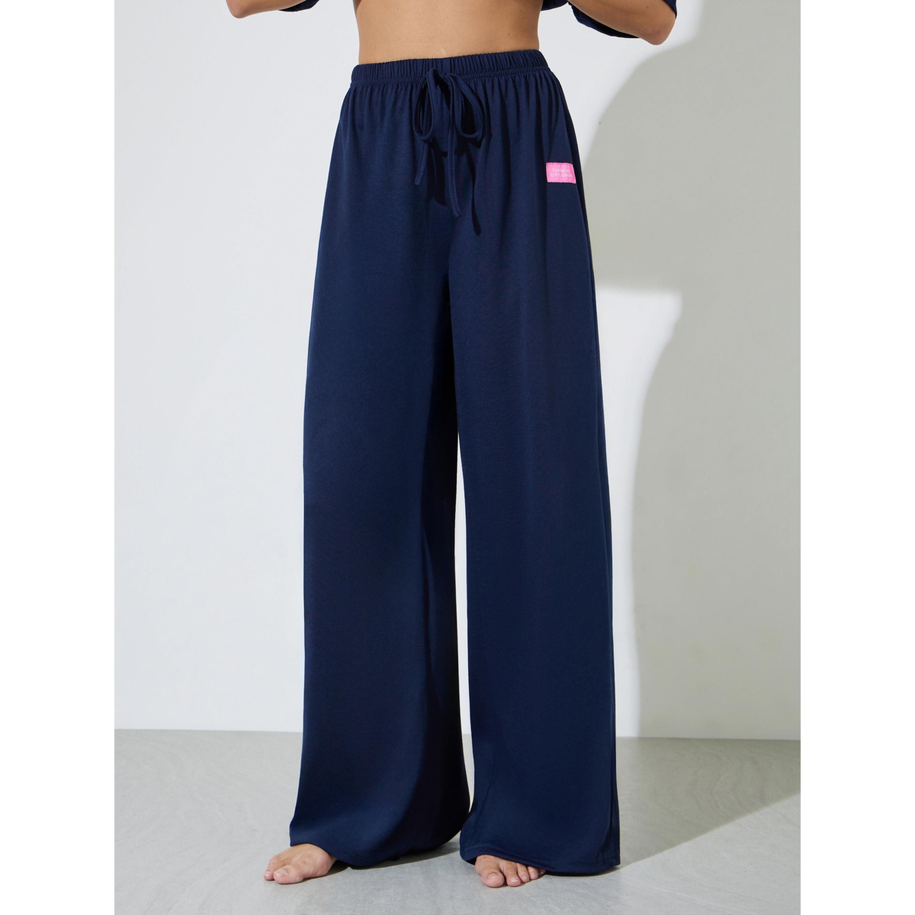 Styli Navy Patch Detail Drop Shoulder T-Shirt and Wide Leg Pyjama Set-women-clothing-nightwear-pyjamas-longsets-image-4