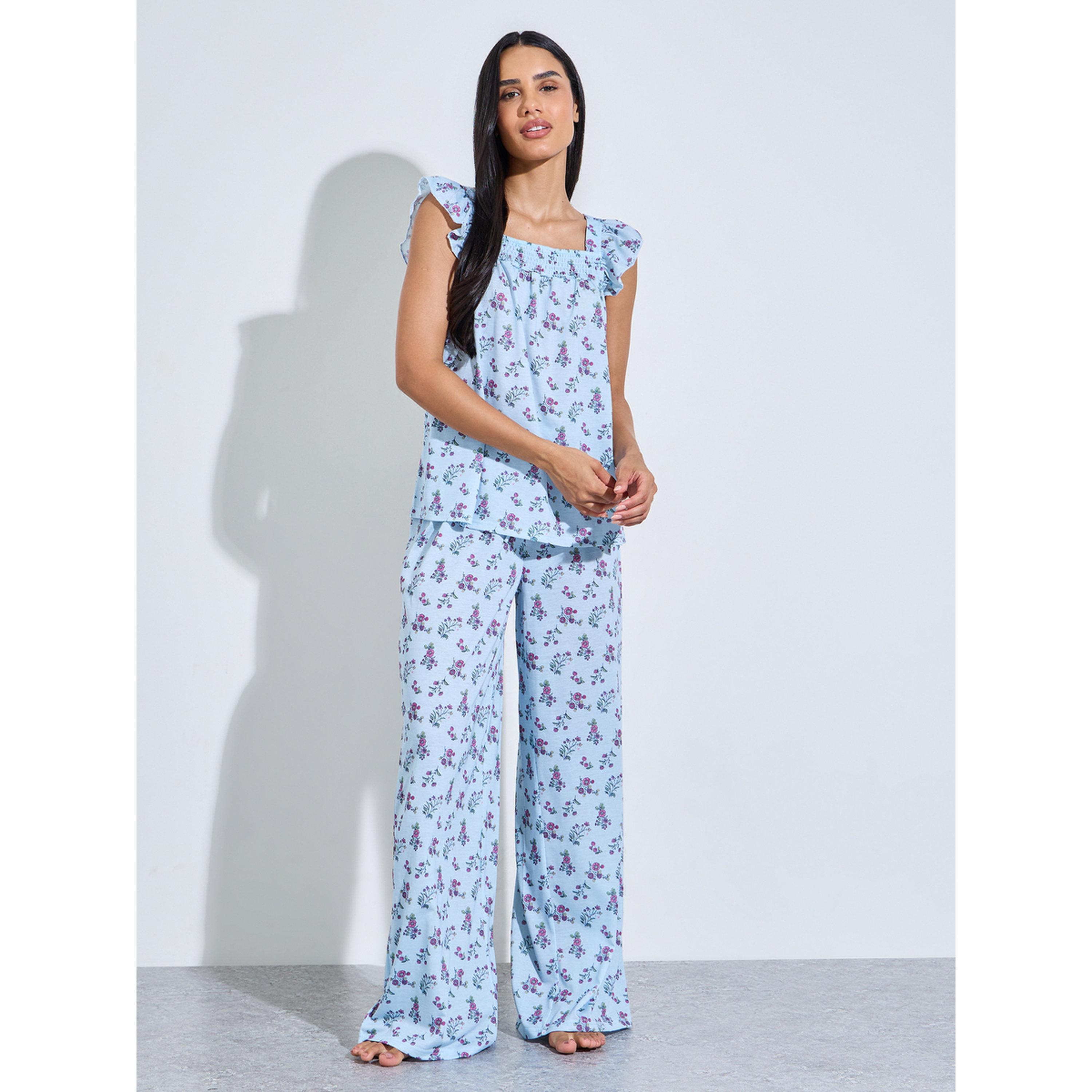 Styli Blue All Over Floral Print Smoked Tank Top and Wide Leg Pants Pyjama Set-women-clothing-nightwear-pyjamas-longsets-image-1