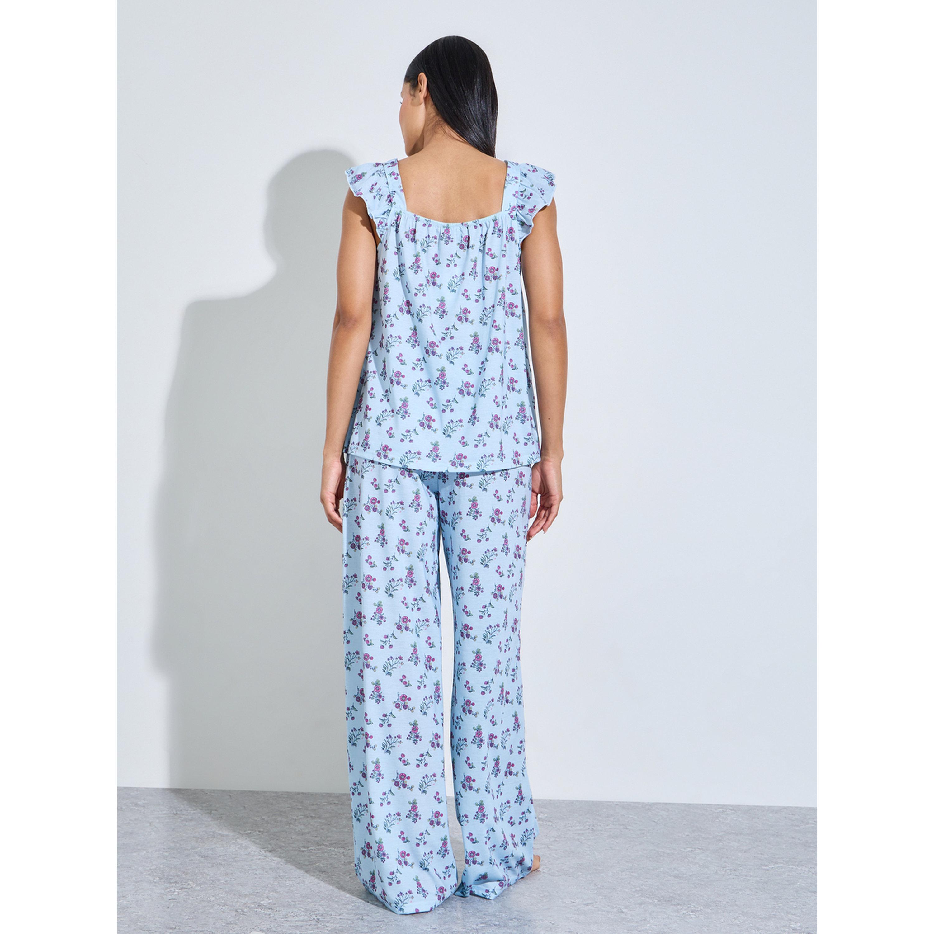 Styli Blue All Over Floral Print Smoked Tank Top and Wide Leg Pants Pyjama Set-women-clothing-nightwear-pyjamas-longsets-image-2