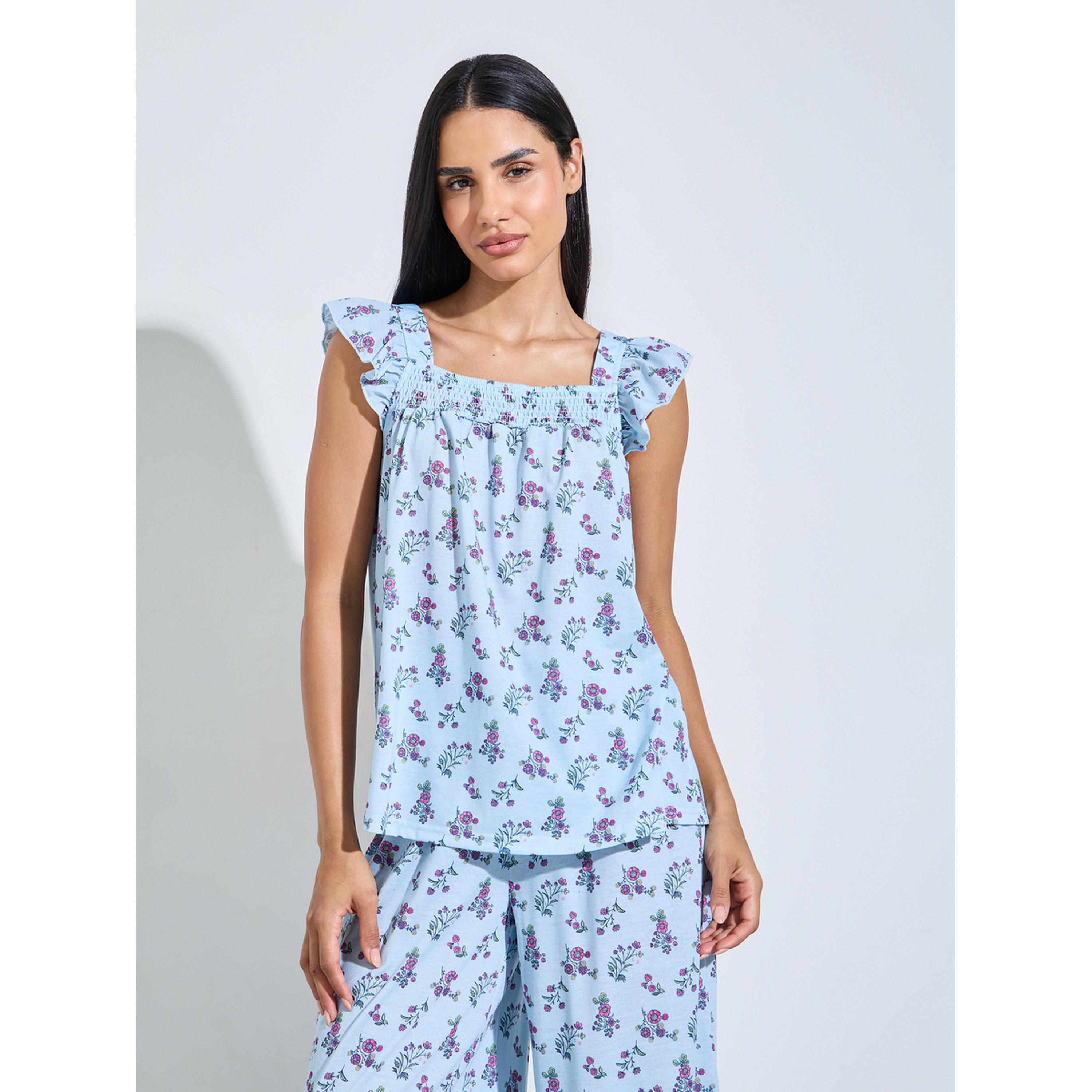 Styli Blue All Over Floral Print Smoked Tank Top and Wide Leg Pants Pyjama Set-women-clothing-nightwear-pyjamas-longsets-image-3