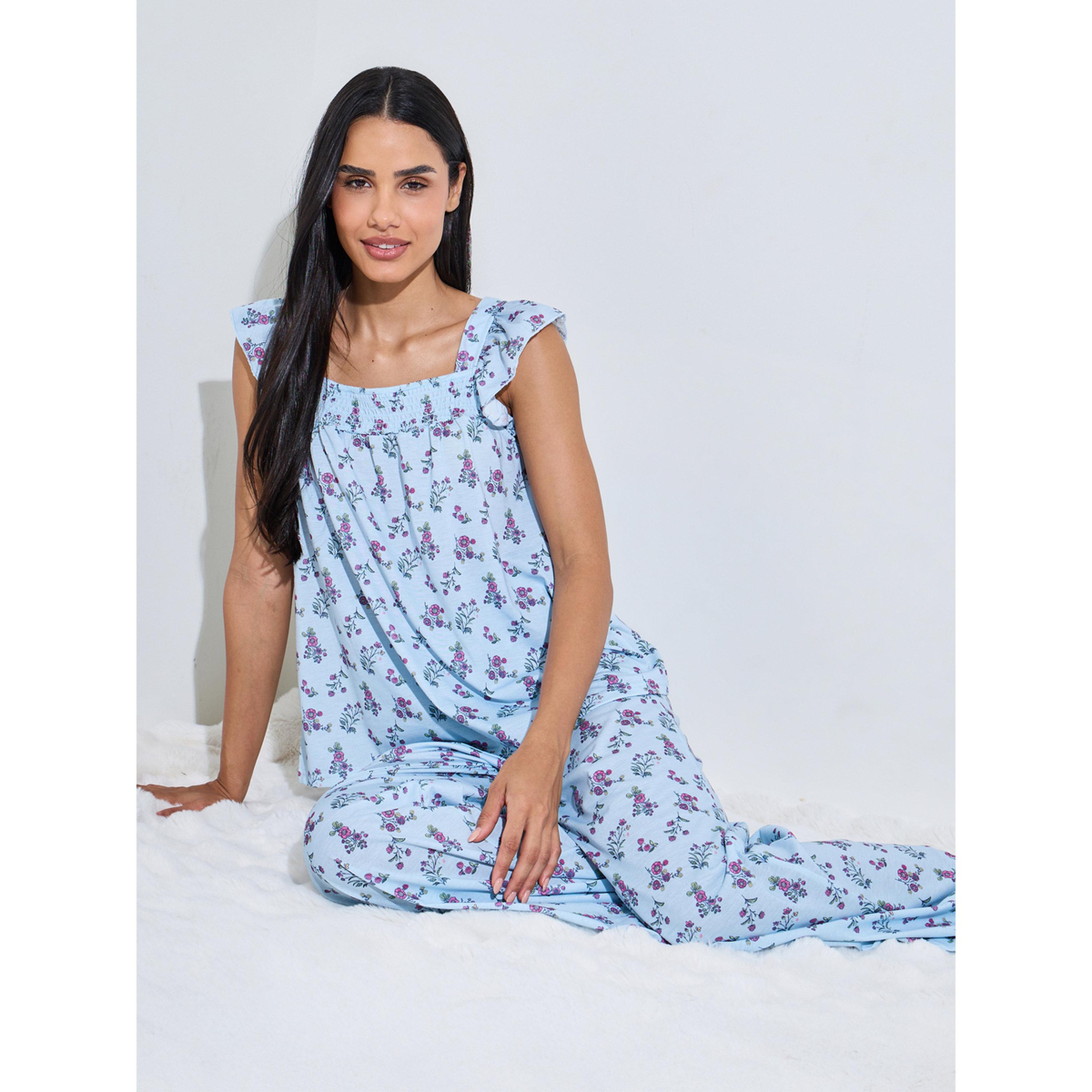 Styli Blue All Over Floral Print Smoked Tank Top and Wide Leg Pants Pyjama Set-women-clothing-nightwear-pyjamas-longsets-image-4