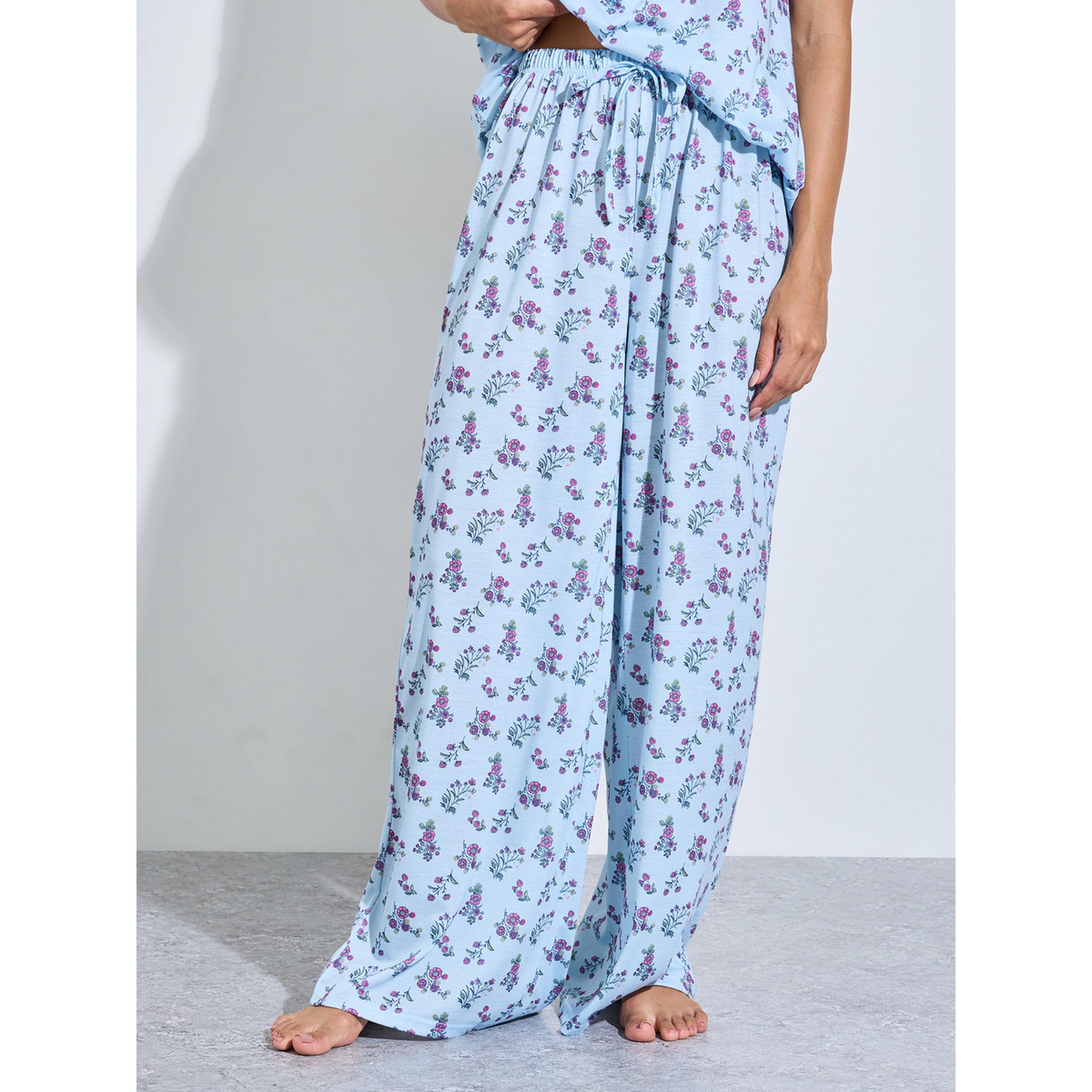 Styli Blue All Over Floral Print Smoked Tank Top and Wide Leg Pants Pyjama Set-women-clothing-nightwear-pyjamas-longsets-image-5