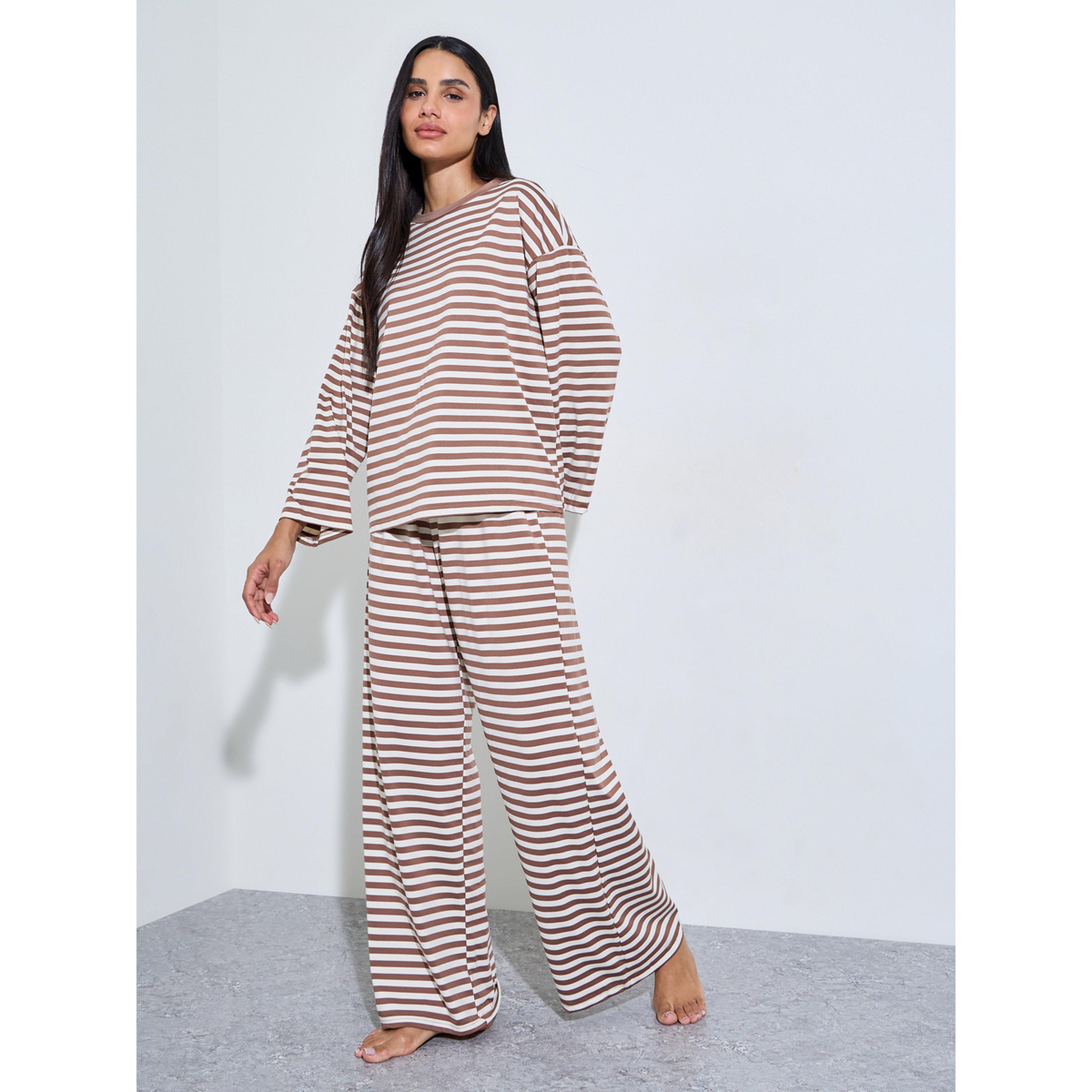 Styli Brown Striped Long Sleeves T-Shirt and Wide Leg Pants Pyjama Set-women-clothing-nightwear-pyjamas-longsets-image-1