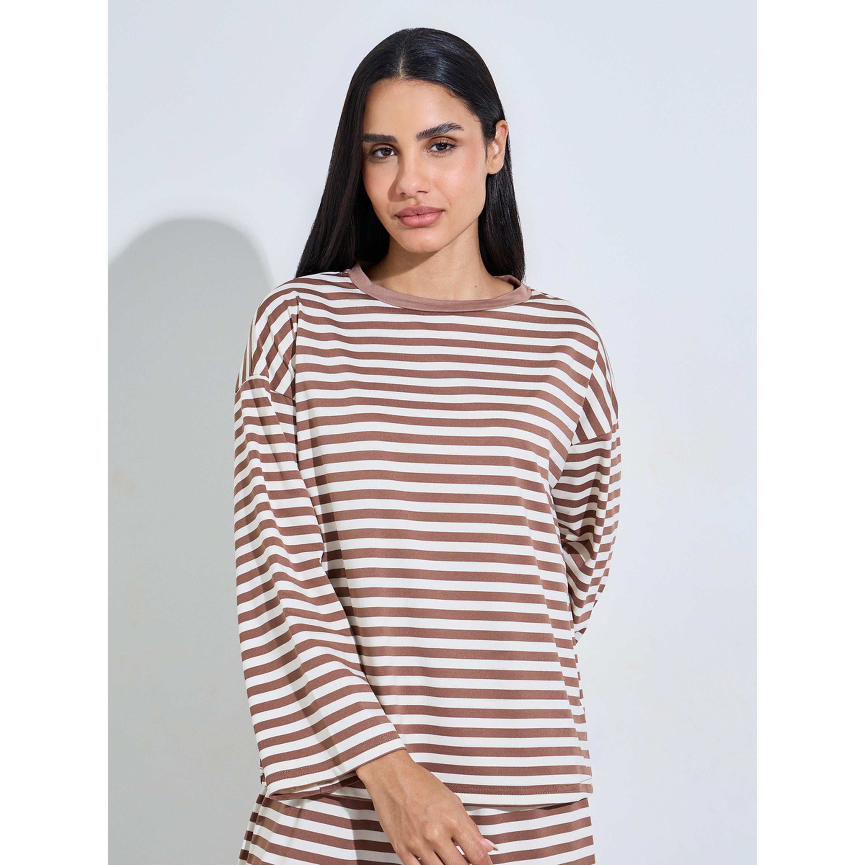 Styli Brown Striped Long Sleeves T-Shirt and Wide Leg Pants Pyjama Set-women-clothing-nightwear-pyjamas-longsets-image-2
