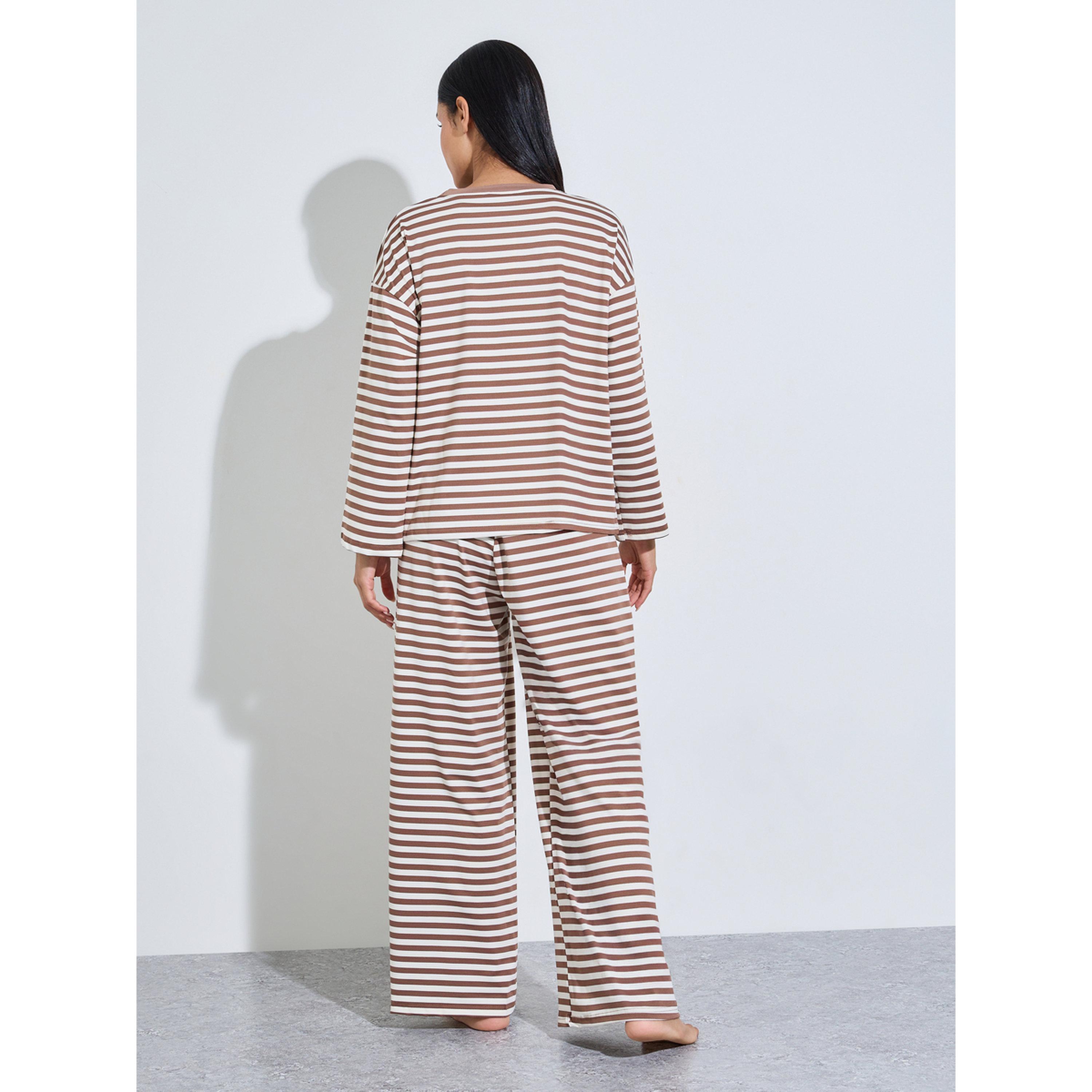 Styli Brown Striped Long Sleeves T-Shirt and Wide Leg Pants Pyjama Set-women-clothing-nightwear-pyjamas-longsets-image-3