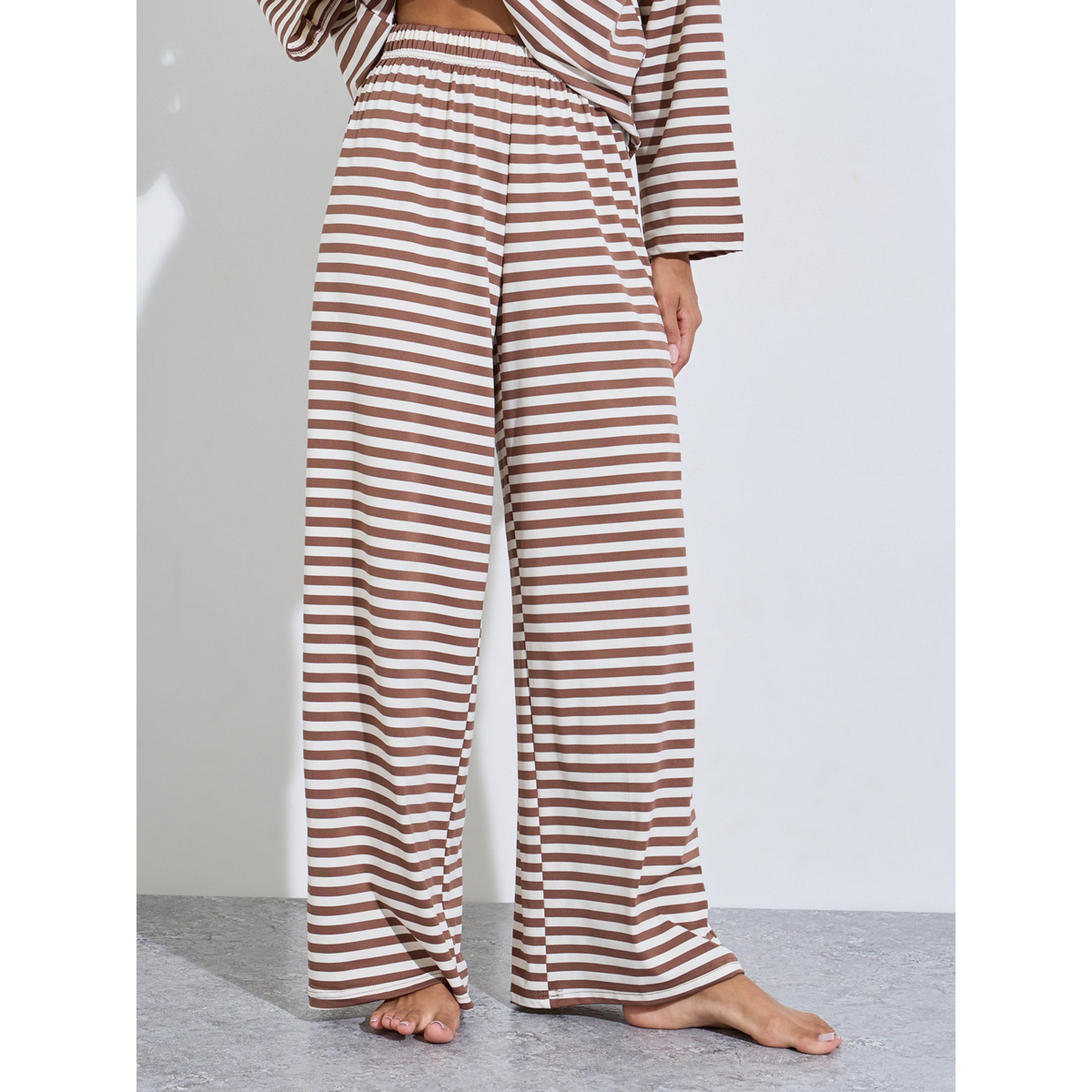 Styli Brown Striped Long Sleeves T-Shirt and Wide Leg Pants Pyjama Set-women-clothing-nightwear-pyjamas-longsets-image-4