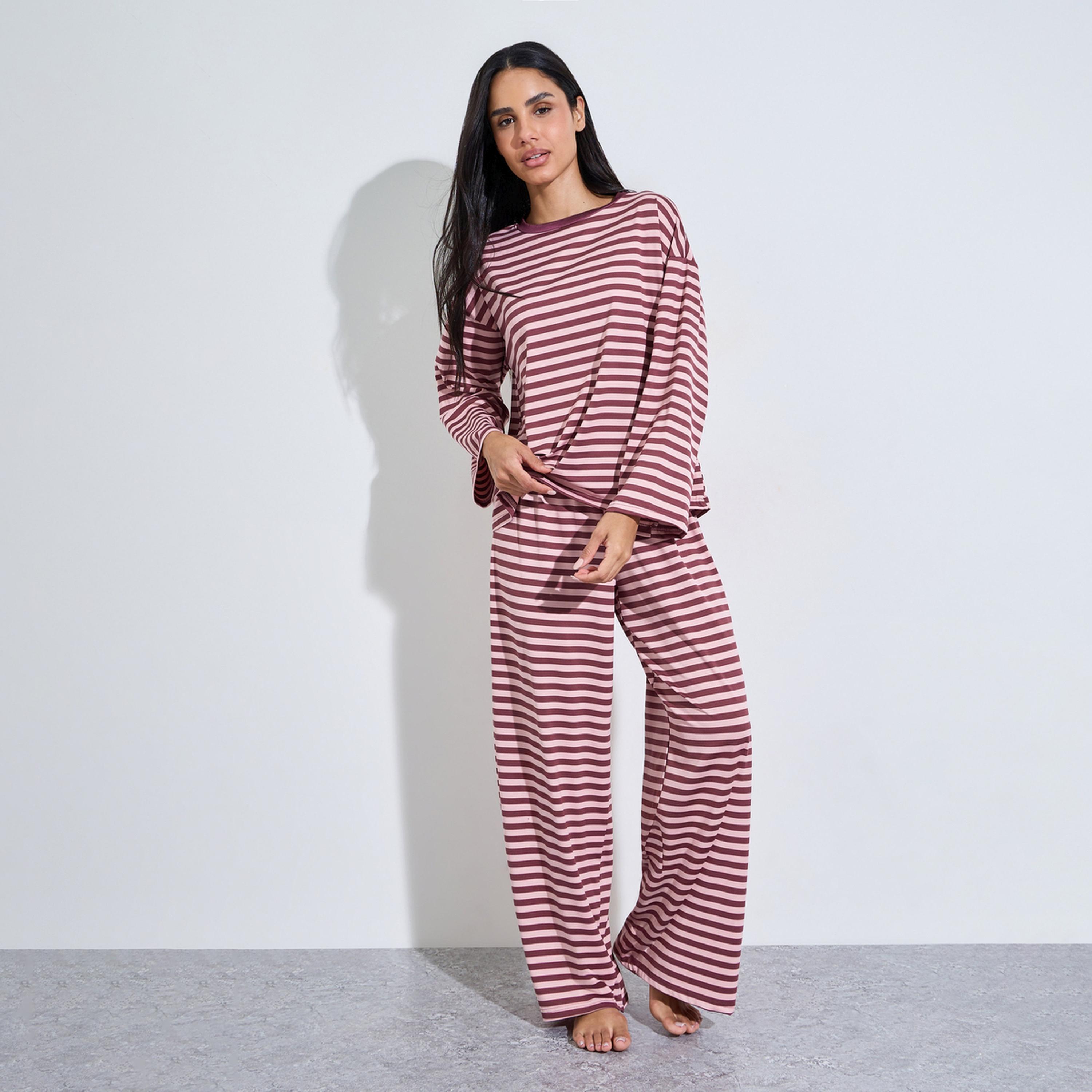 Styli Burgundy Striped Long Sleeves T-Shirt and Wide Leg Pants Pyjama Set-women-clothing-nightwear-pyjamas-longsets-image-1