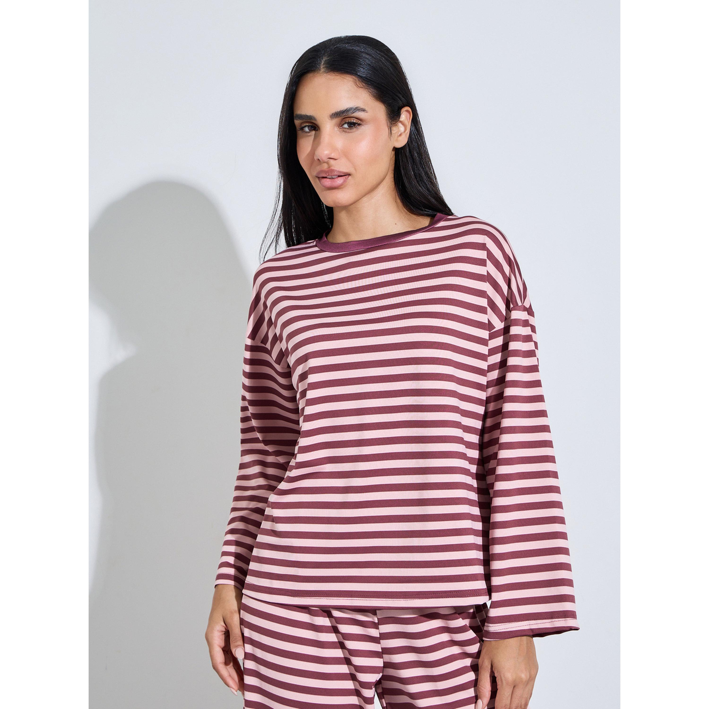 Styli Burgundy Striped Long Sleeves T-Shirt and Wide Leg Pants Pyjama Set-women-clothing-nightwear-pyjamas-longsets-image-2