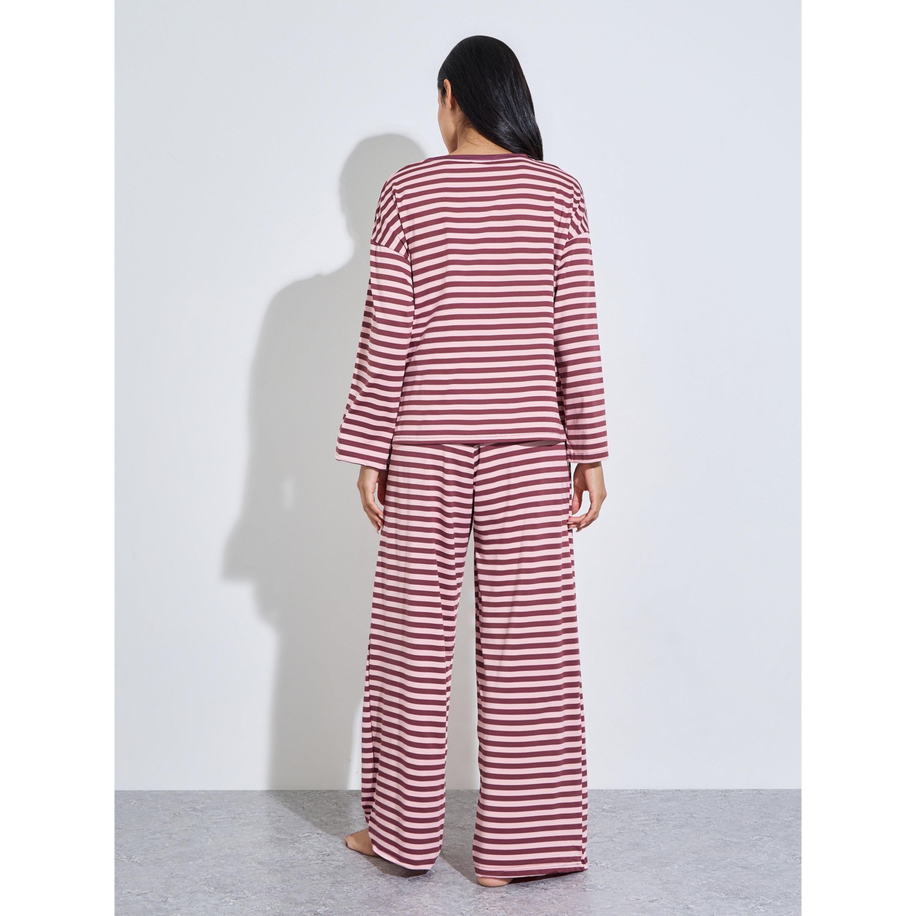 Styli Burgundy Striped Long Sleeves T-Shirt and Wide Leg Pants Pyjama Set-women-clothing-nightwear-pyjamas-longsets-image-3