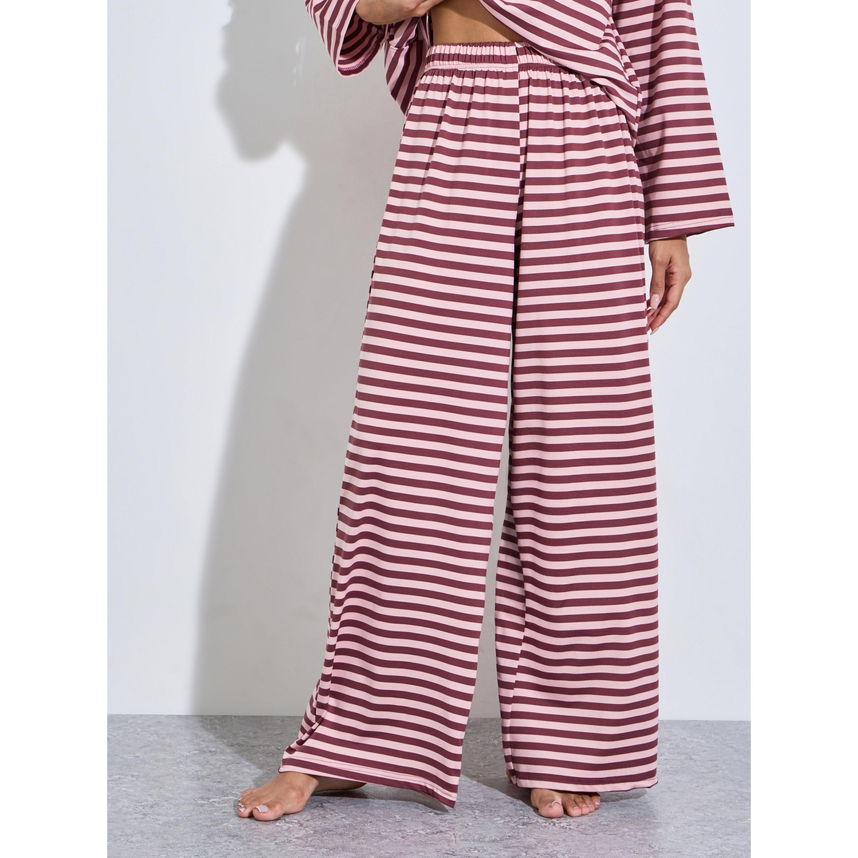 Styli Burgundy Striped Long Sleeves T-Shirt and Wide Leg Pants Pyjama Set-women-clothing-nightwear-pyjamas-longsets-image-4