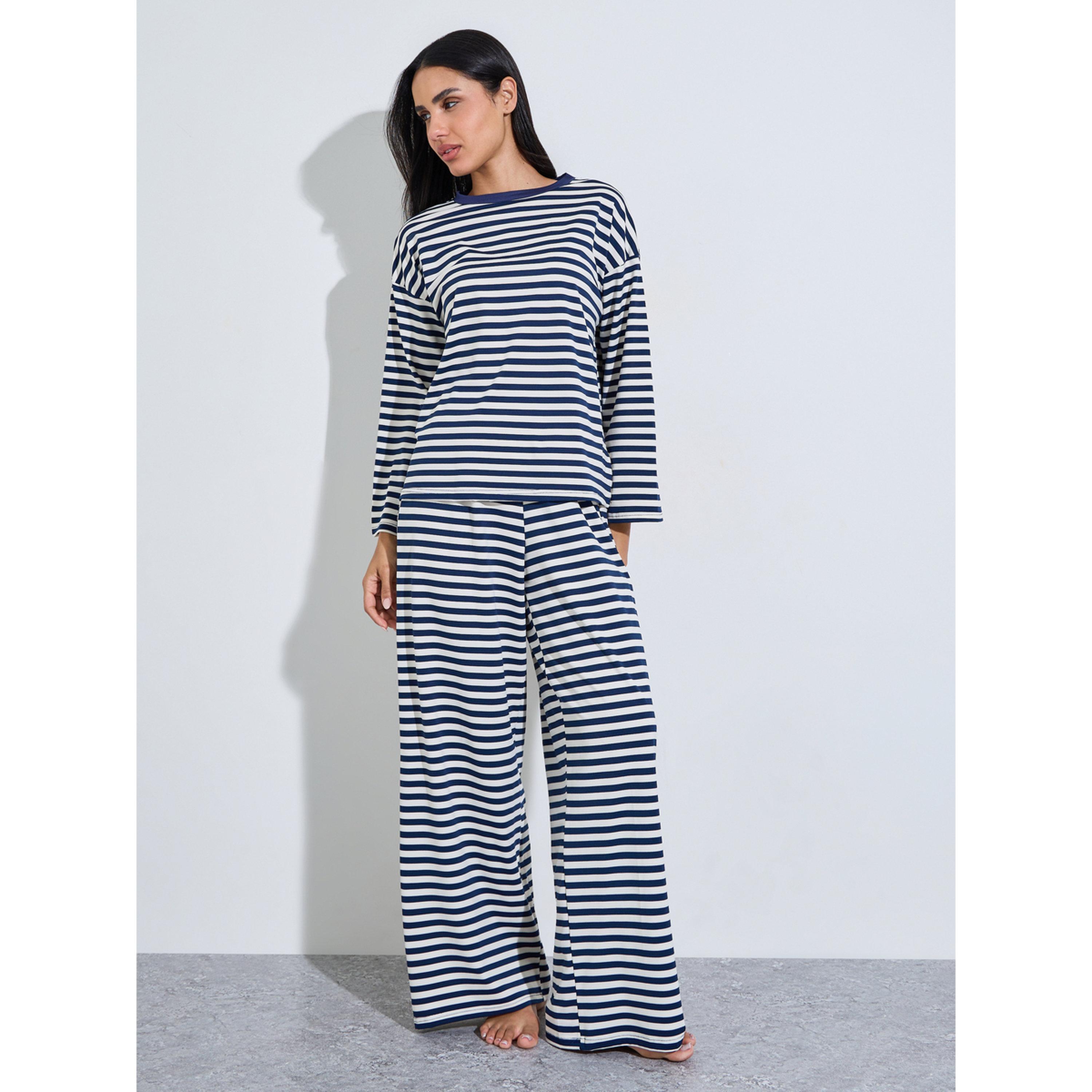 طقم بيجاما من بنطال بأرجل واسعة وتيشيرت مخطط بأكمام طويلة باللون الكحلي-women-clothing-nightwear-pyjamas-longsets-image-1