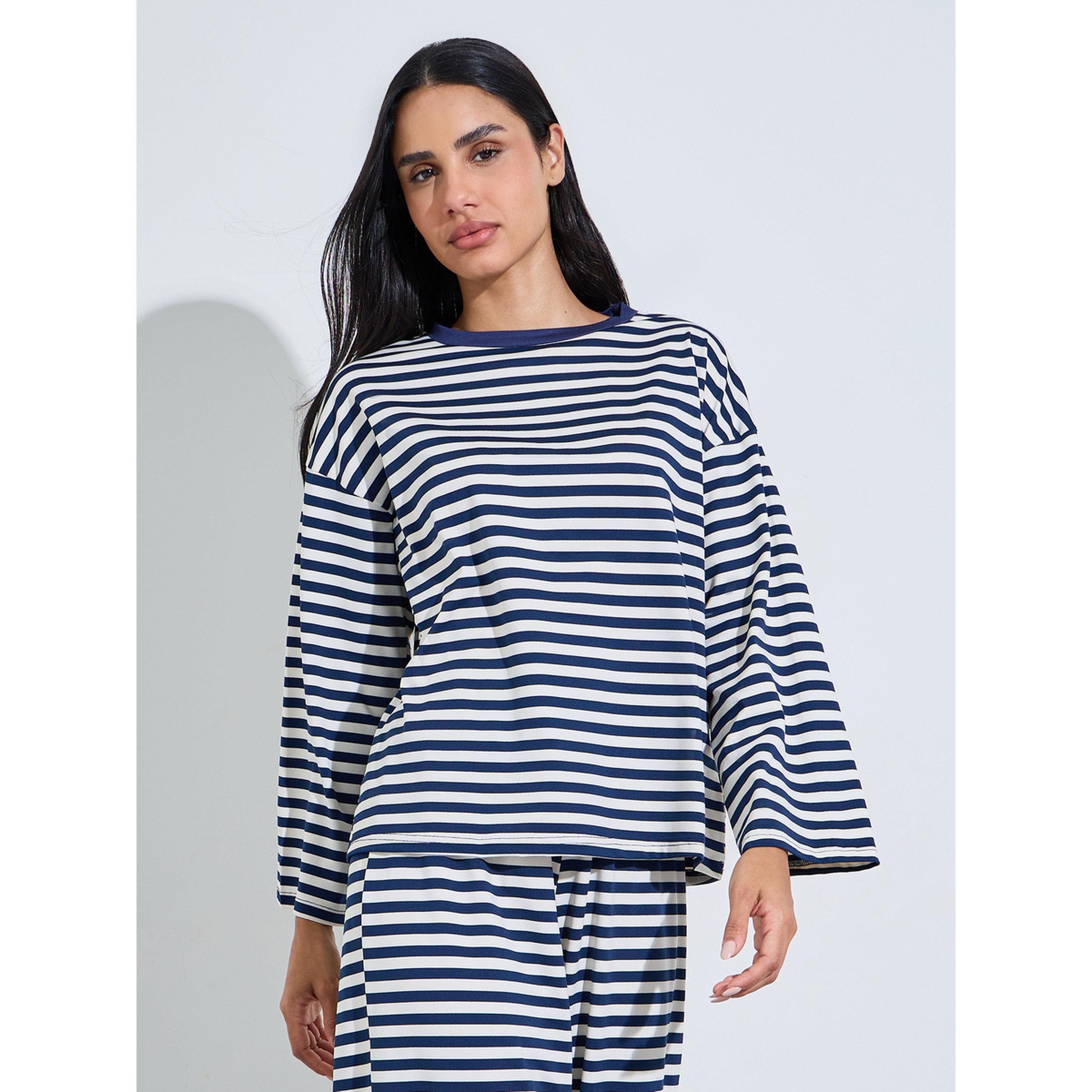 طقم بيجاما من بنطال بأرجل واسعة وتيشيرت مخطط بأكمام طويلة باللون الكحلي-women-clothing-nightwear-pyjamas-longsets-image-3