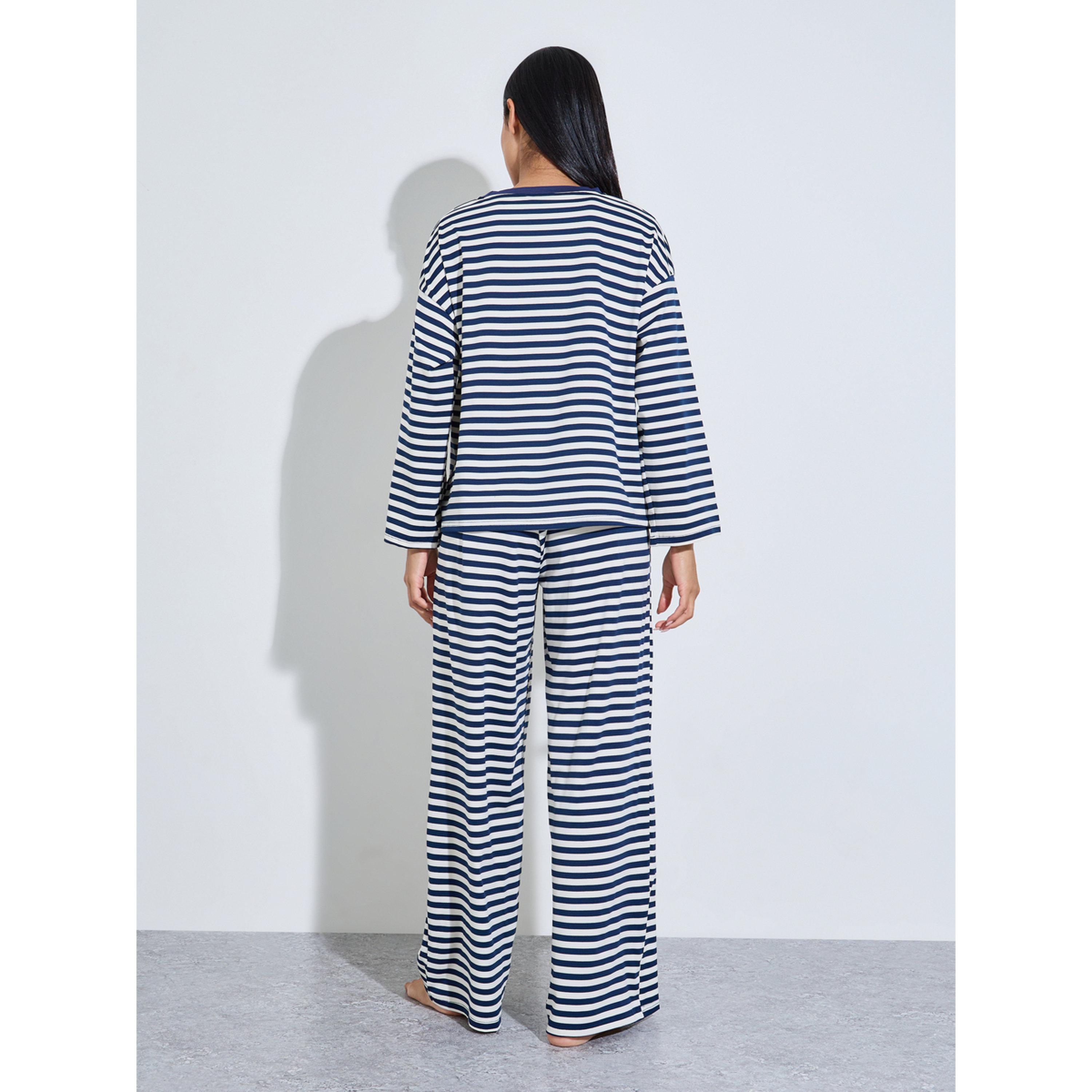 طقم بيجاما من بنطال بأرجل واسعة وتيشيرت مخطط بأكمام طويلة باللون الكحلي-women-clothing-nightwear-pyjamas-longsets-image-4