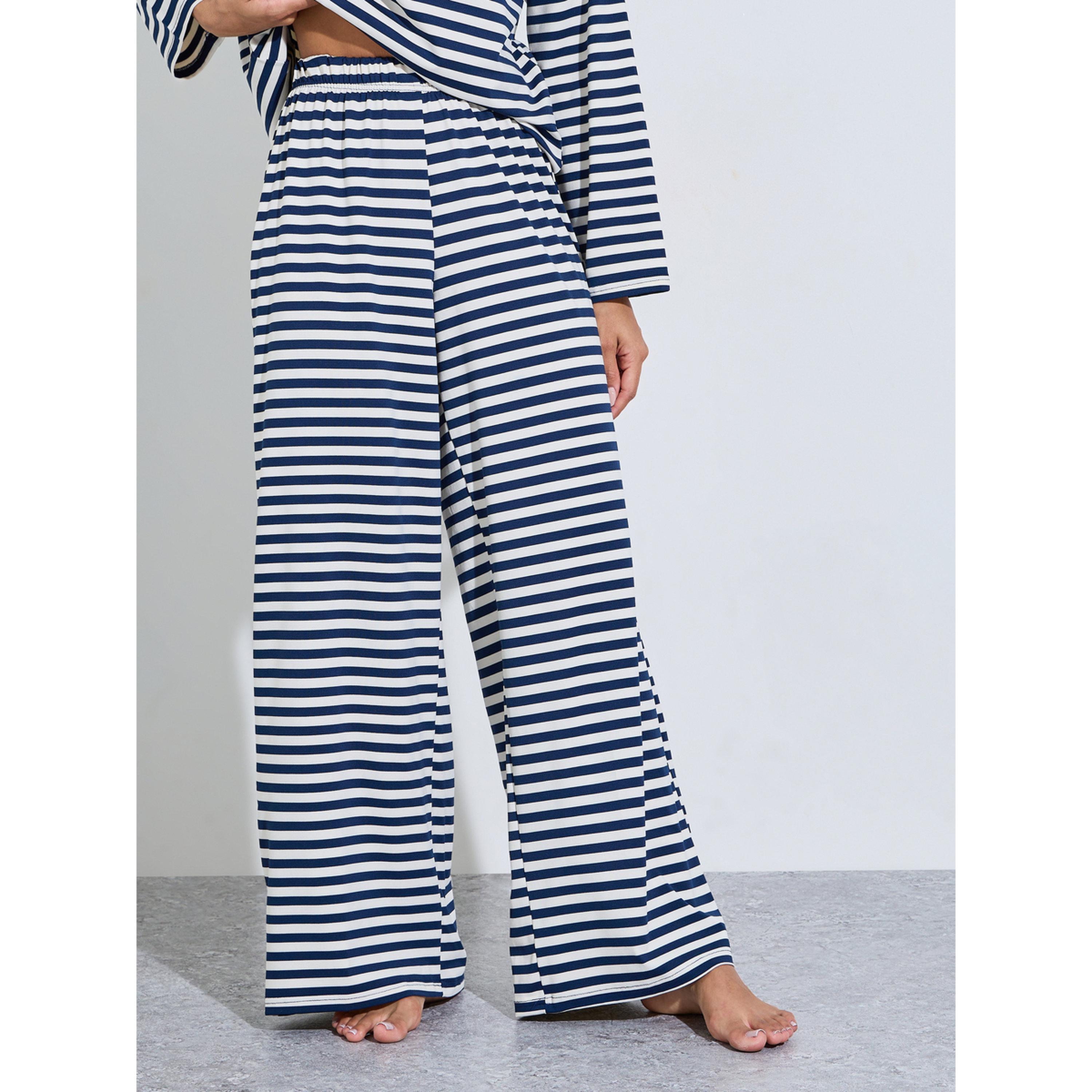 طقم بيجاما من بنطال بأرجل واسعة وتيشيرت مخطط بأكمام طويلة باللون الكحلي-women-clothing-nightwear-pyjamas-longsets-image-5