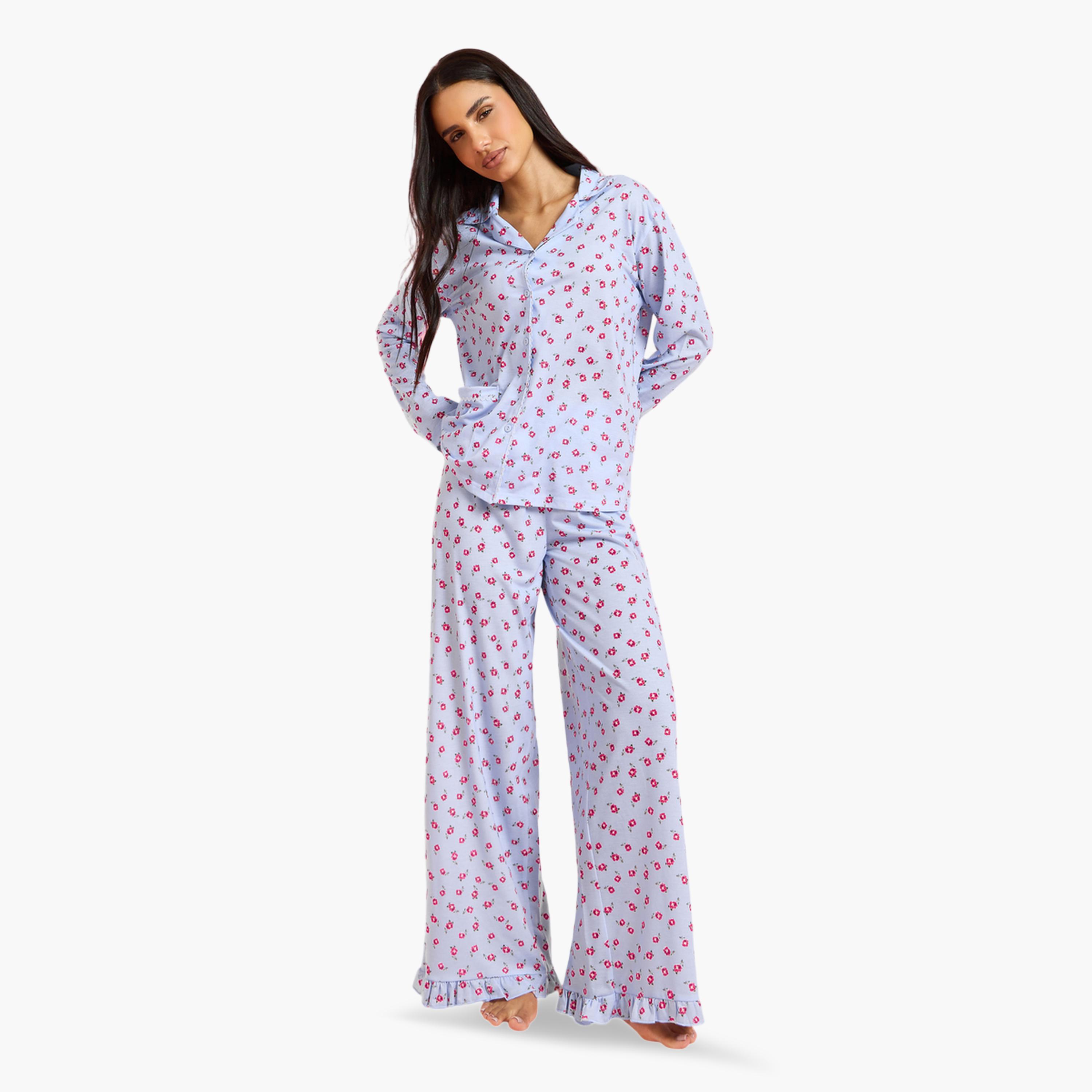 Styli Blue All Overs Floral Print Shirt and Wide Leg Pants Pyjama Set-women-clothing-nightwear-pyjamas-longsets-image-1