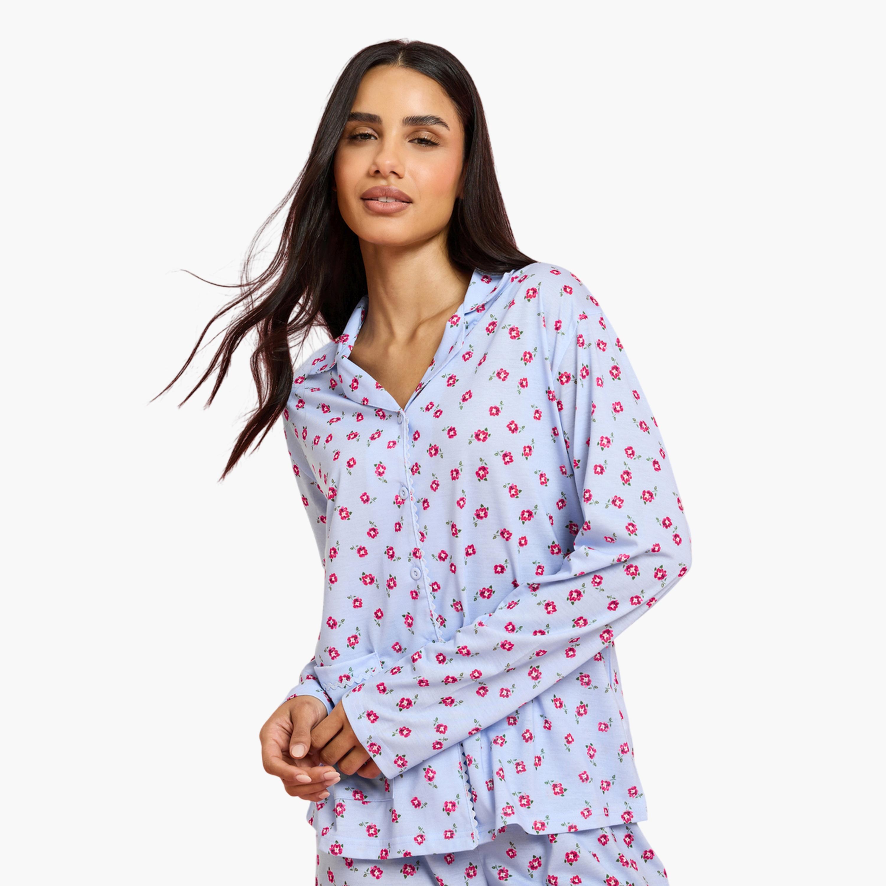 Styli Blue All Overs Floral Print Shirt and Wide Leg Pants Pyjama Set-women-clothing-nightwear-pyjamas-longsets-image-2