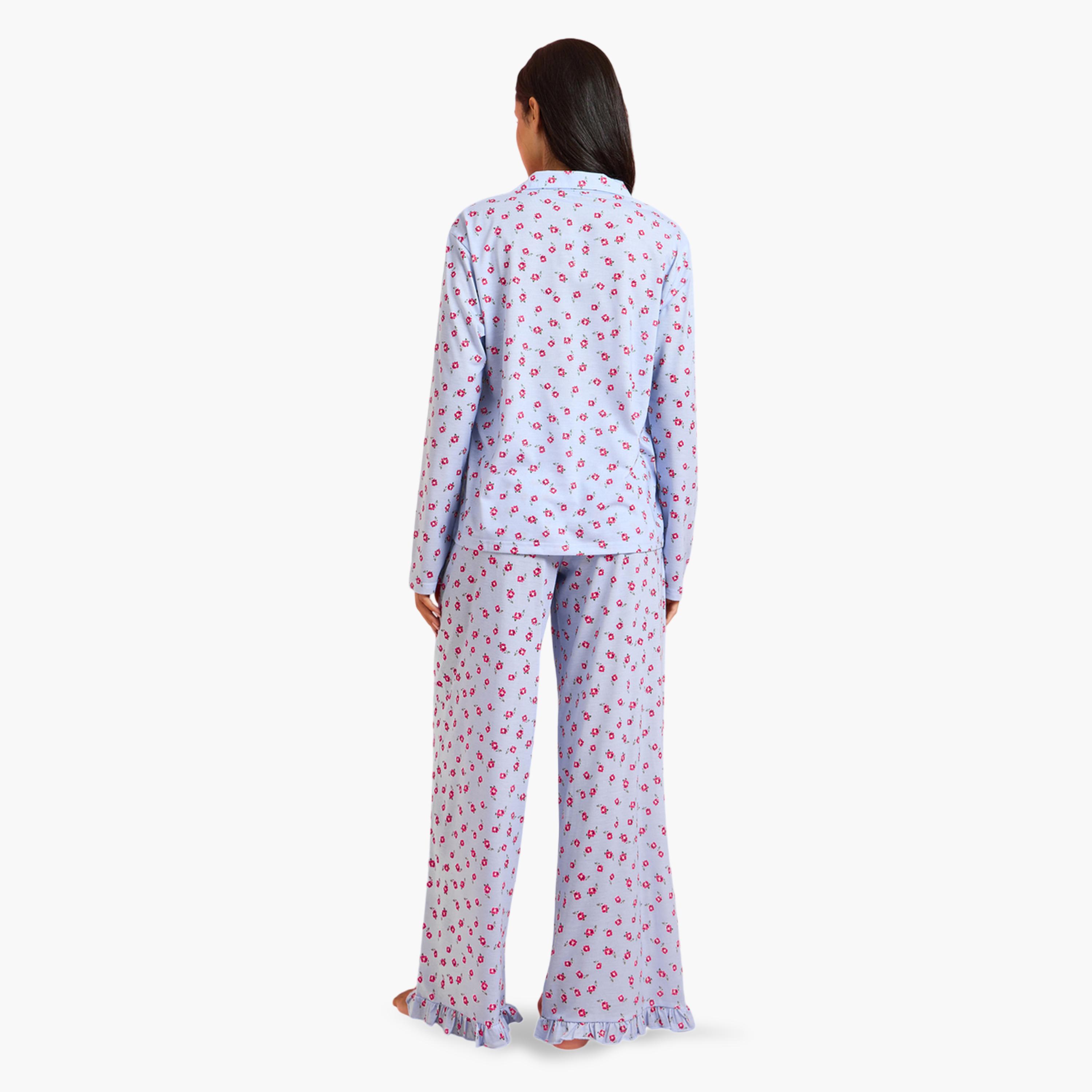 Styli Blue All Overs Floral Print Shirt and Wide Leg Pants Pyjama Set-women-clothing-nightwear-pyjamas-longsets-image-3