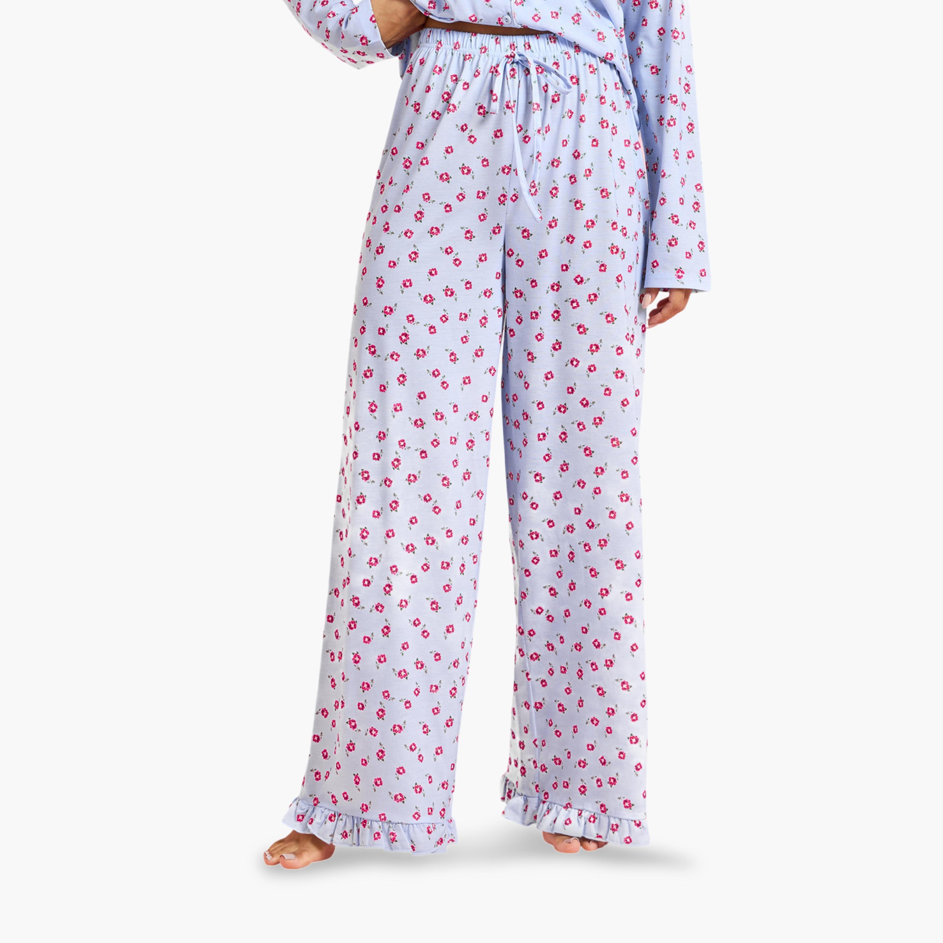 Styli Blue All Overs Floral Print Shirt and Wide Leg Pants Pyjama Set-women-clothing-nightwear-pyjamas-longsets-image-4