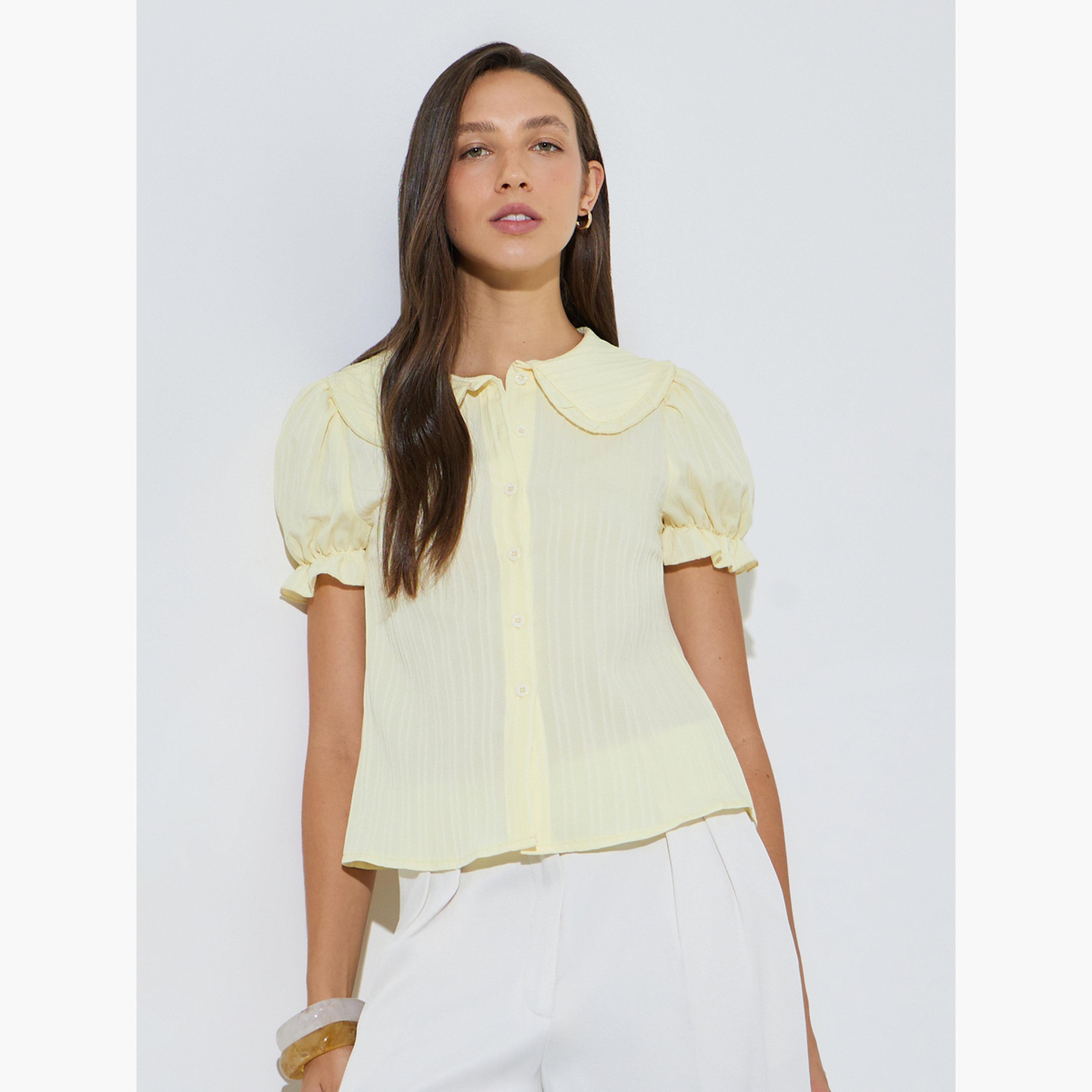ستايلي - قميص أصفر قصير الأكمام بنقشة مميزة-women-clothing-shirtsandblouses-shirts-image-1