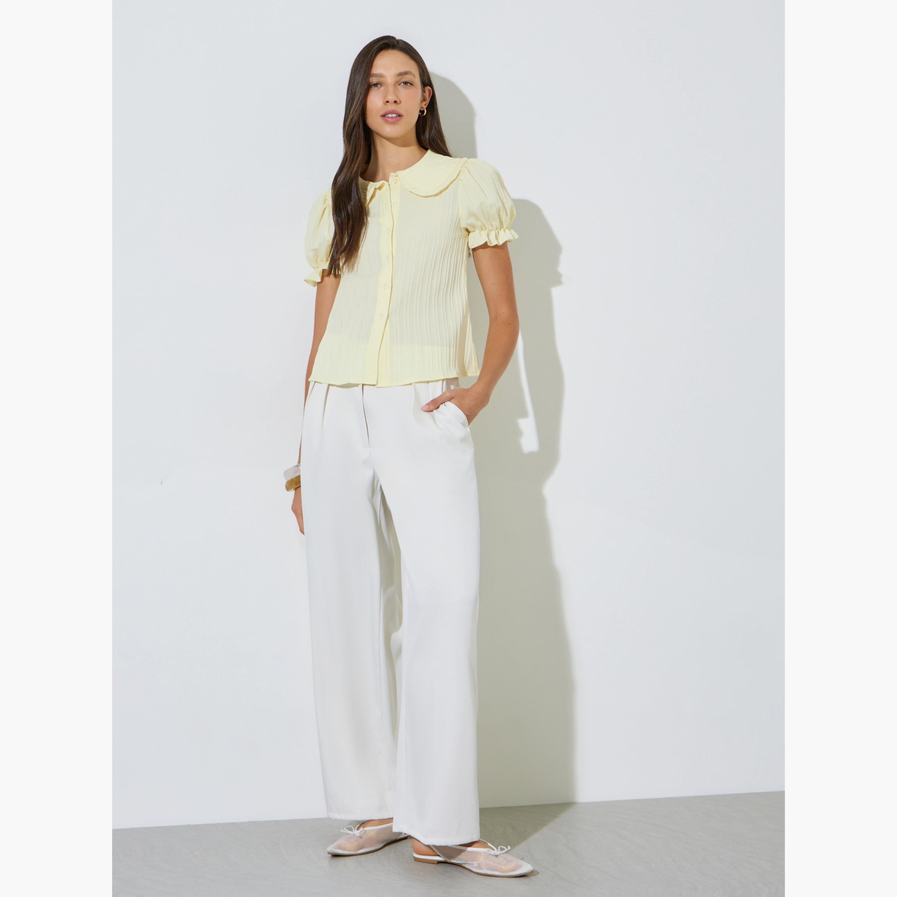 ستايلي - قميص أصفر قصير الأكمام بنقشة مميزة-women-clothing-shirtsandblouses-shirts-image-2