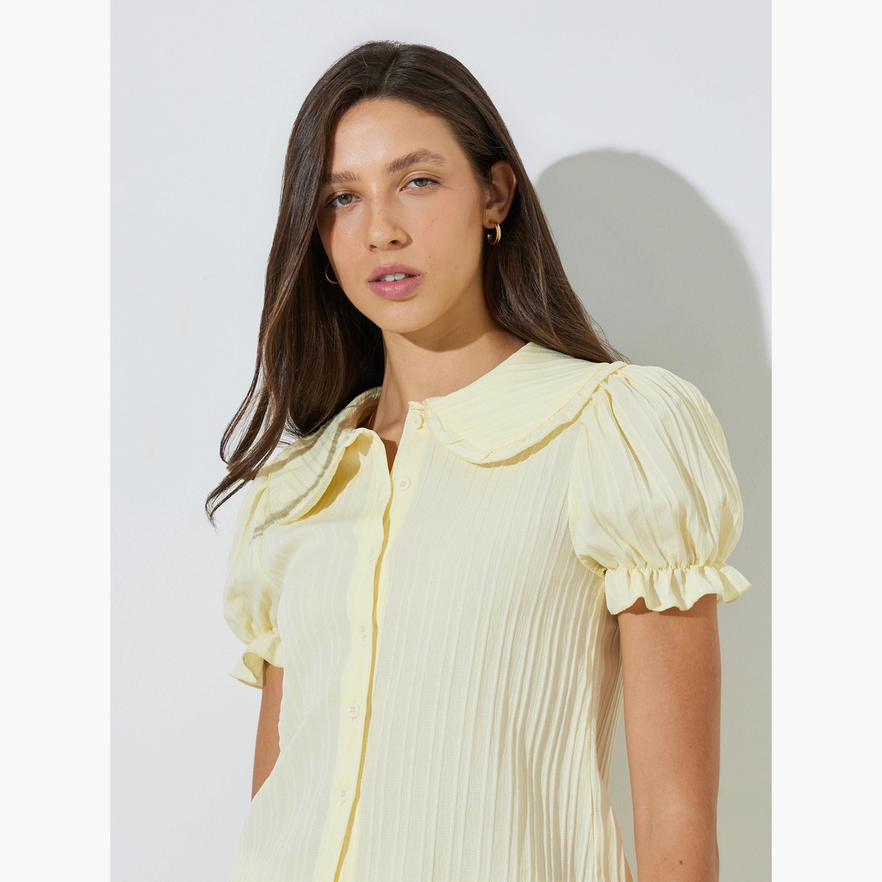 ستايلي - قميص أصفر قصير الأكمام بنقشة مميزة-women-clothing-shirtsandblouses-shirts-image-3
