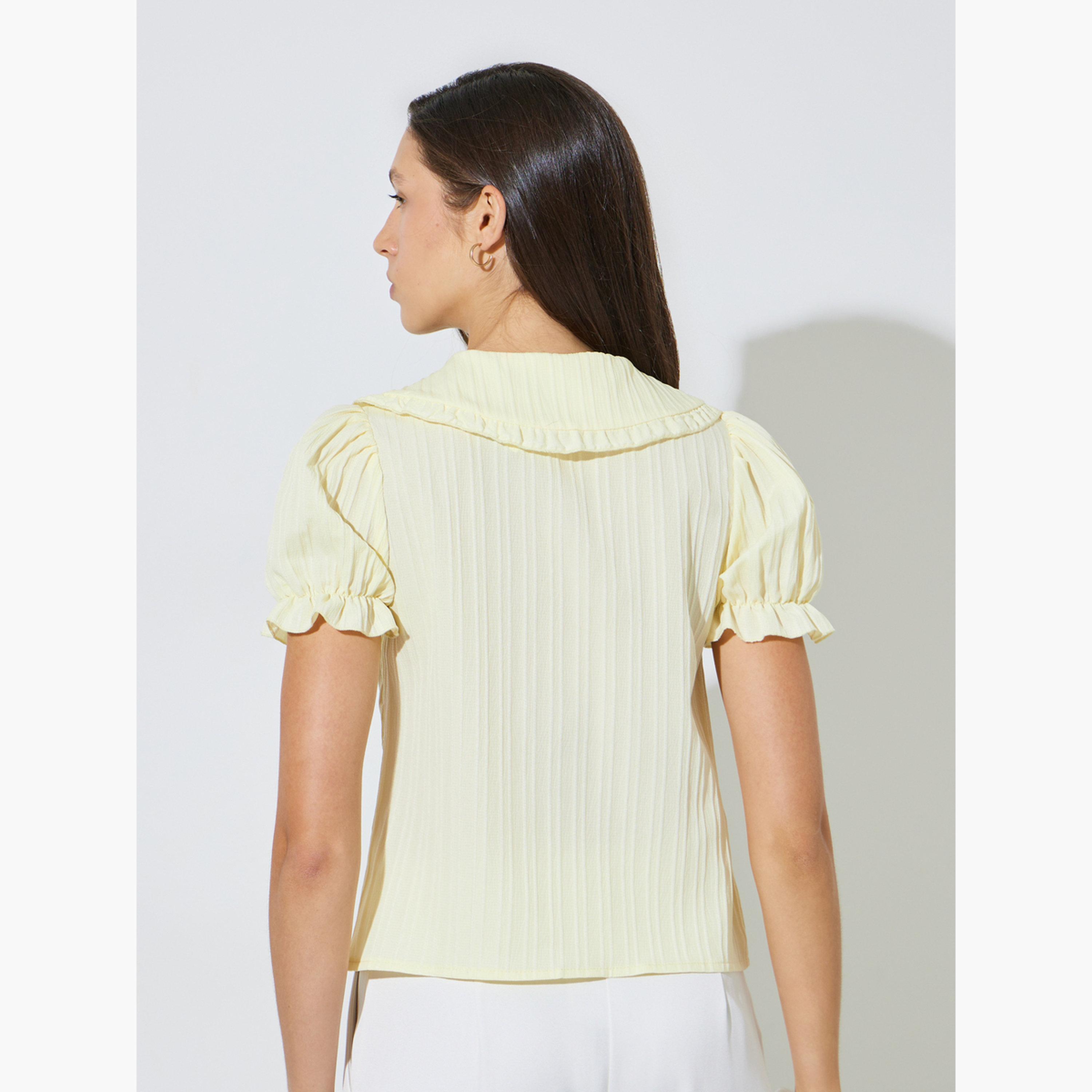 ستايلي - قميص أصفر قصير الأكمام بنقشة مميزة-women-clothing-shirtsandblouses-shirts-image-4