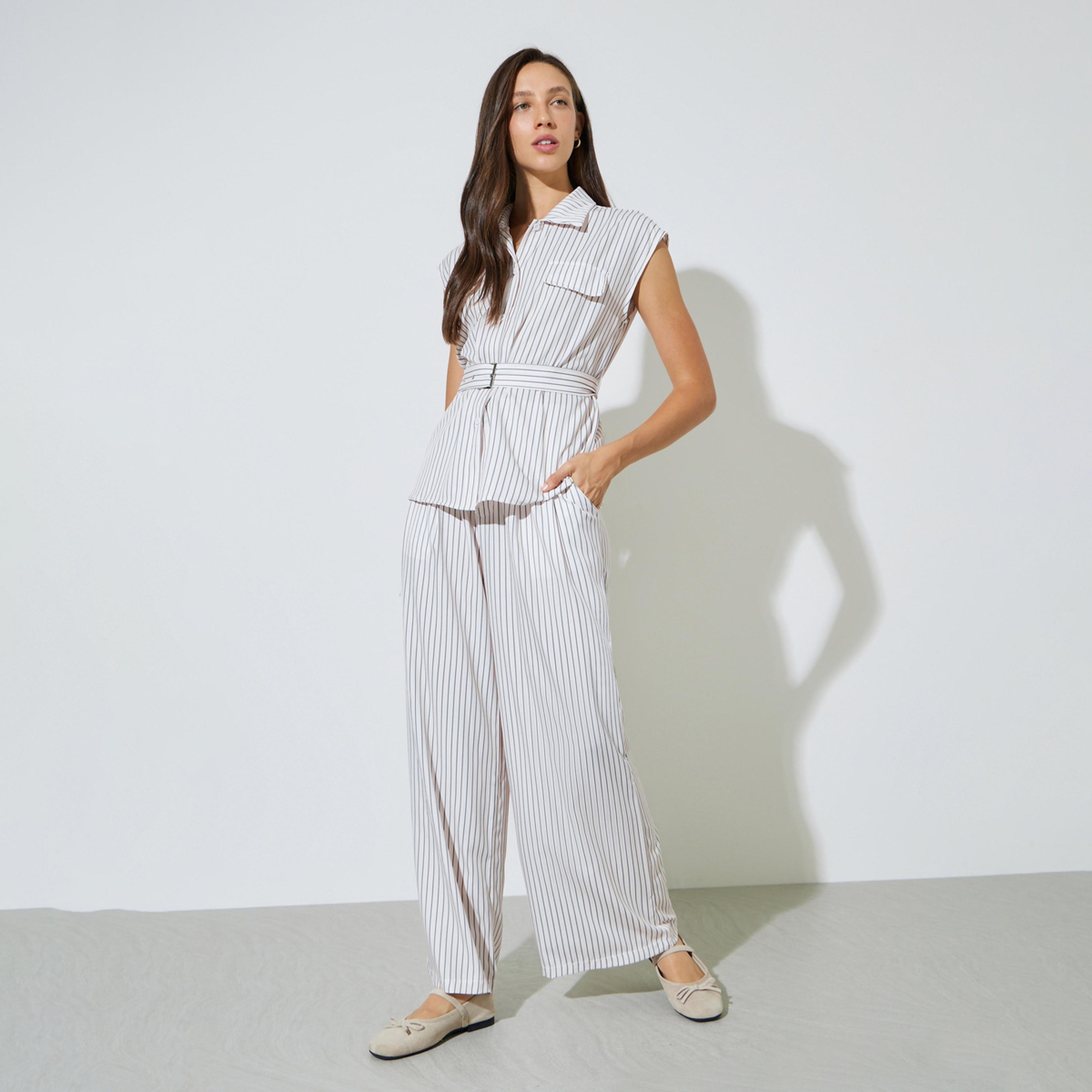 Styli Striped Pocket Detail Blouse with Belt and Wide Leg Pants Set-women-clothing-coordsets-image-1
