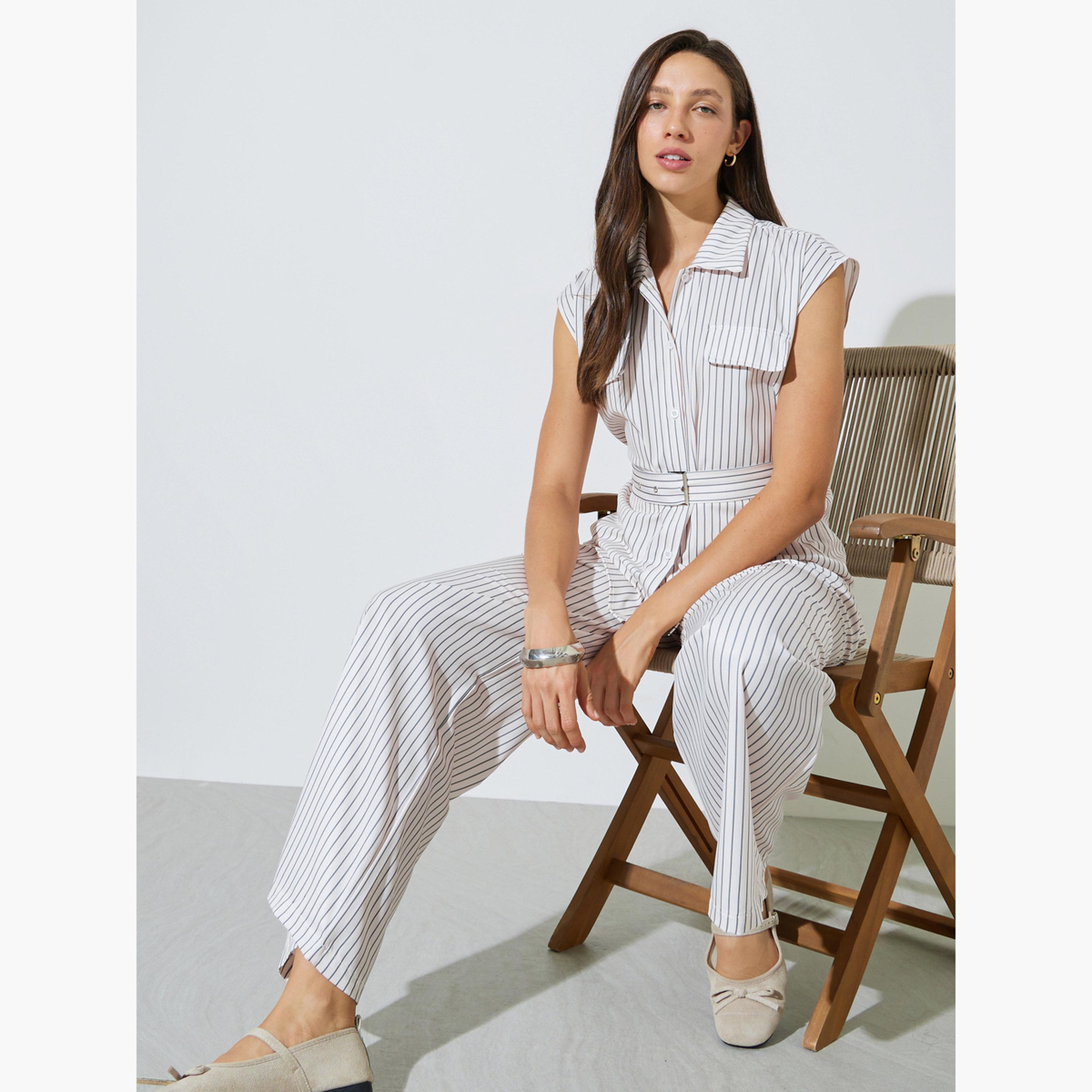 Styli Striped Pocket Detail Blouse with Belt and Wide Leg Pants Set-women-clothing-coordsets-image-2