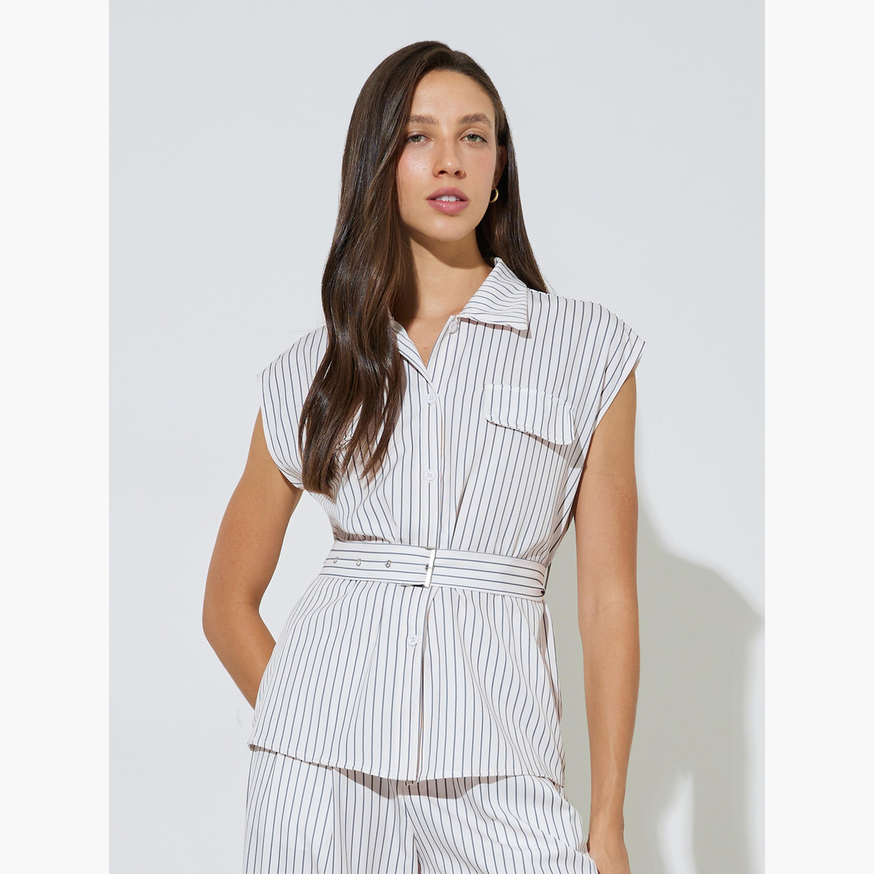 Styli Striped Pocket Detail Blouse with Belt and Wide Leg Pants Set-women-clothing-coordsets-image-3
