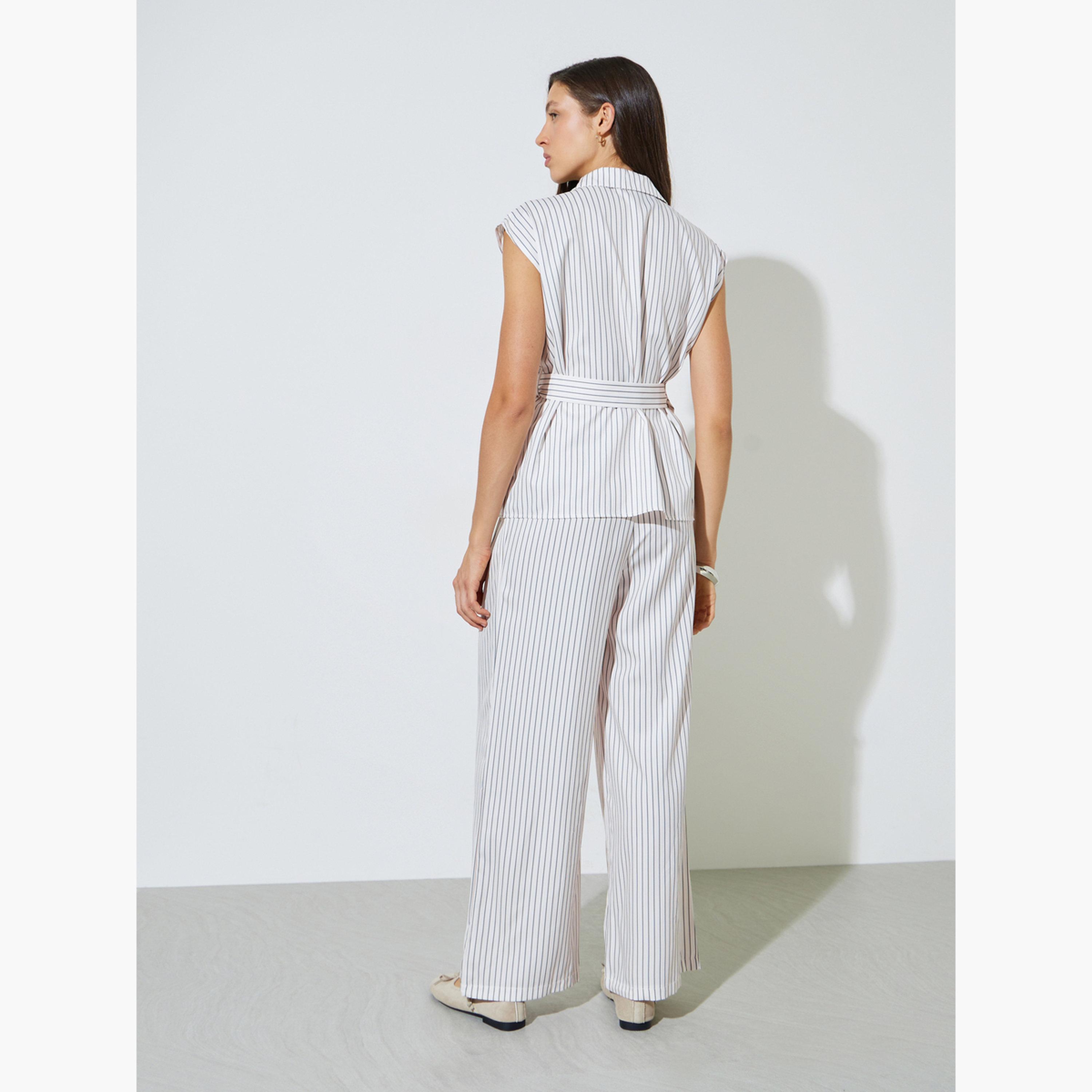 Styli Striped Pocket Detail Blouse with Belt and Wide Leg Pants Set-women-clothing-coordsets-image-4