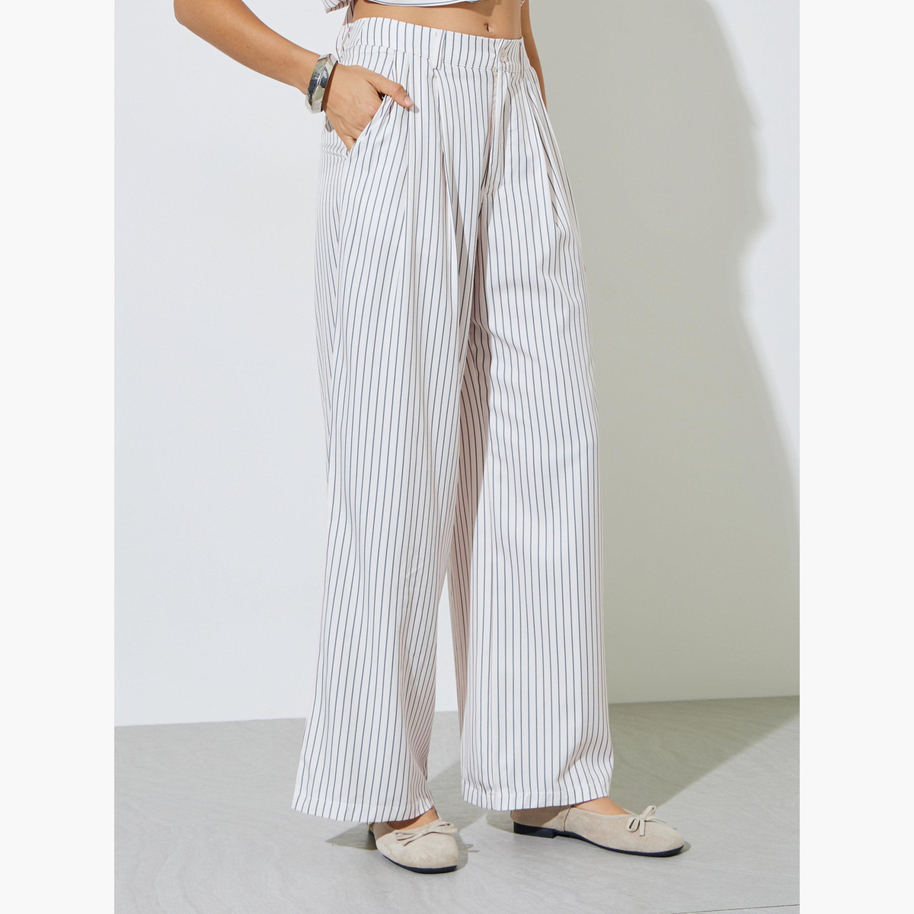 Styli Striped Pocket Detail Blouse with Belt and Wide Leg Pants Set-women-clothing-coordsets-image-5