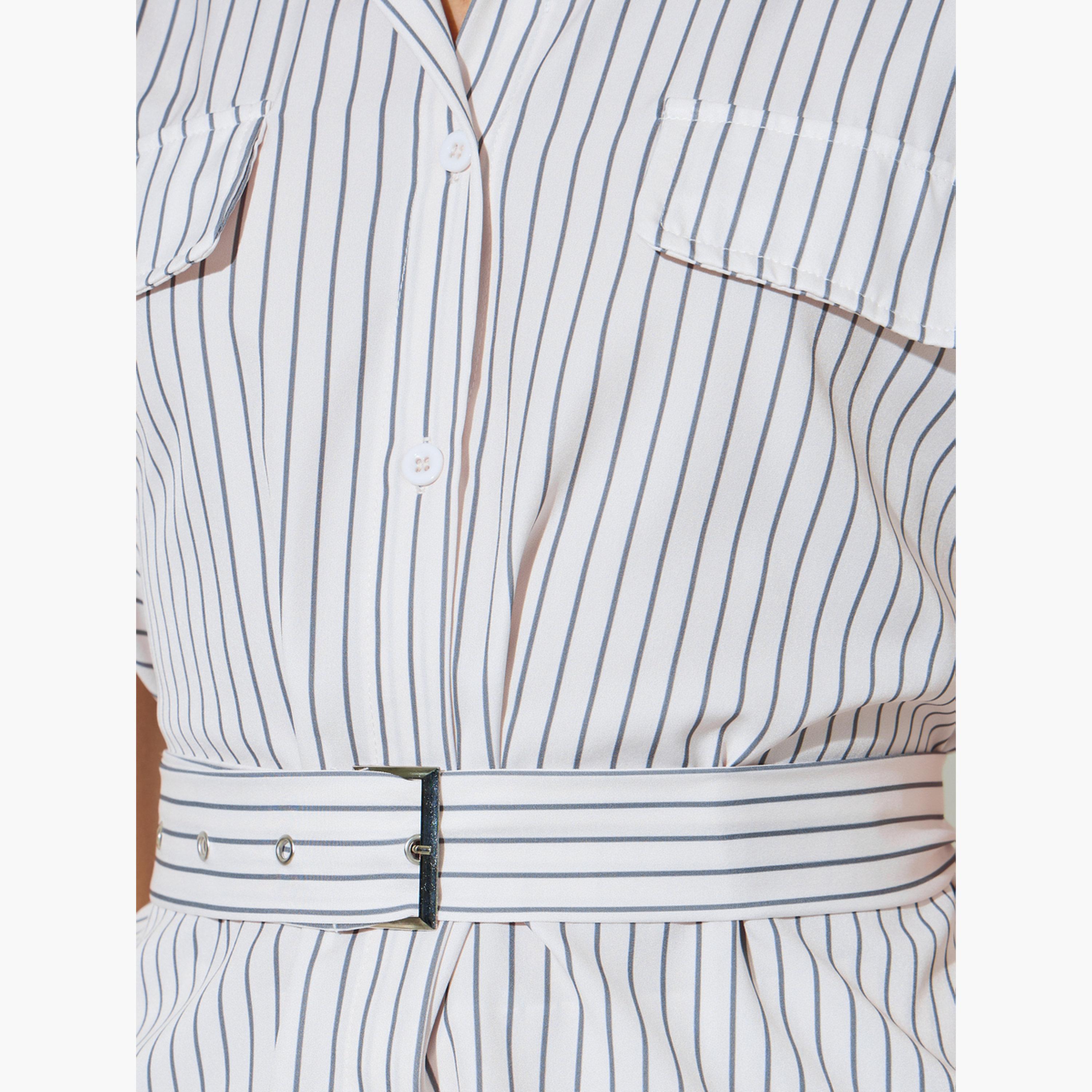 Styli Striped Pocket Detail Blouse with Belt and Wide Leg Pants Set-women-clothing-coordsets-image-6