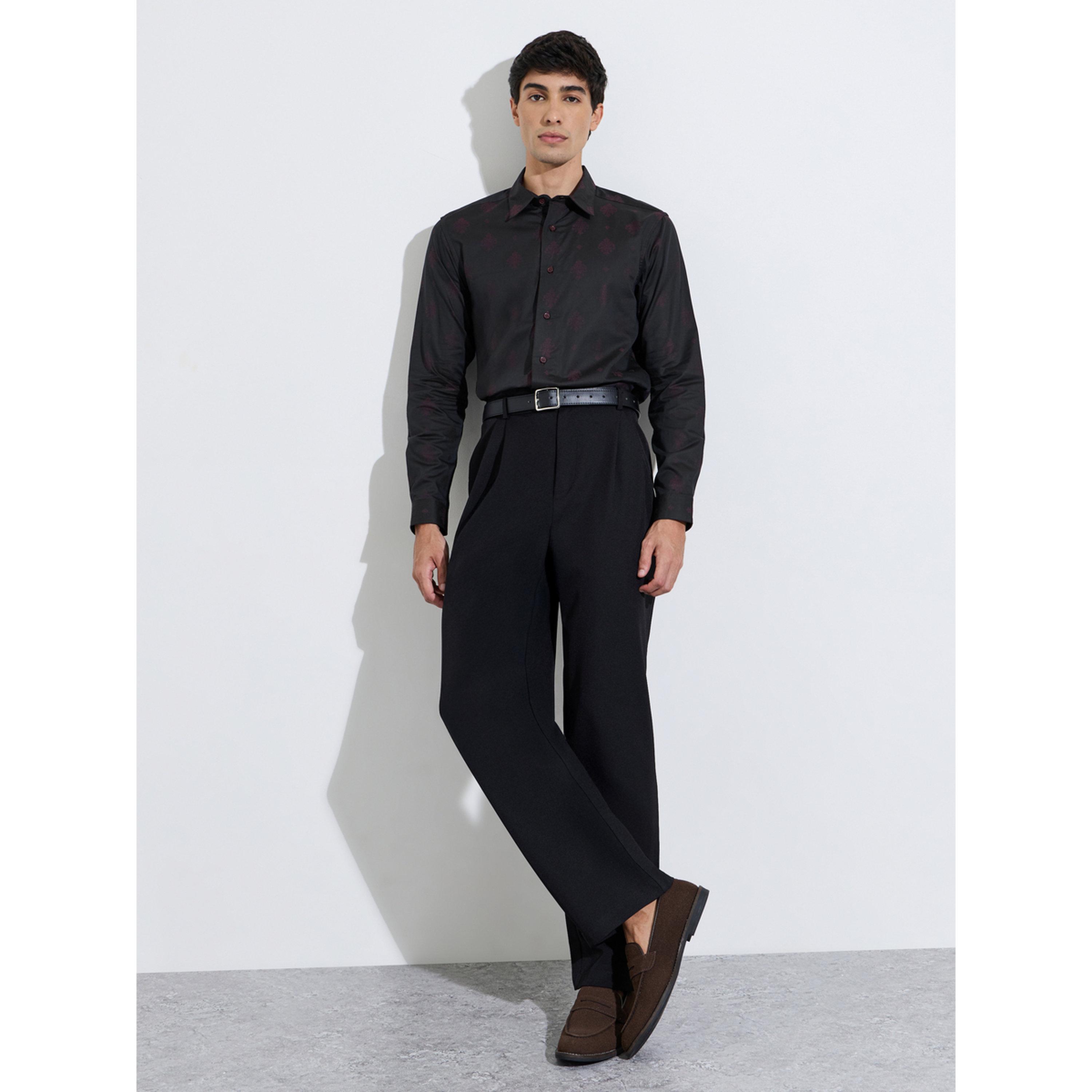 قميص بقصة عادية وأكمام طويلة جاكار - أسود-men-clothing-shirts-image-2