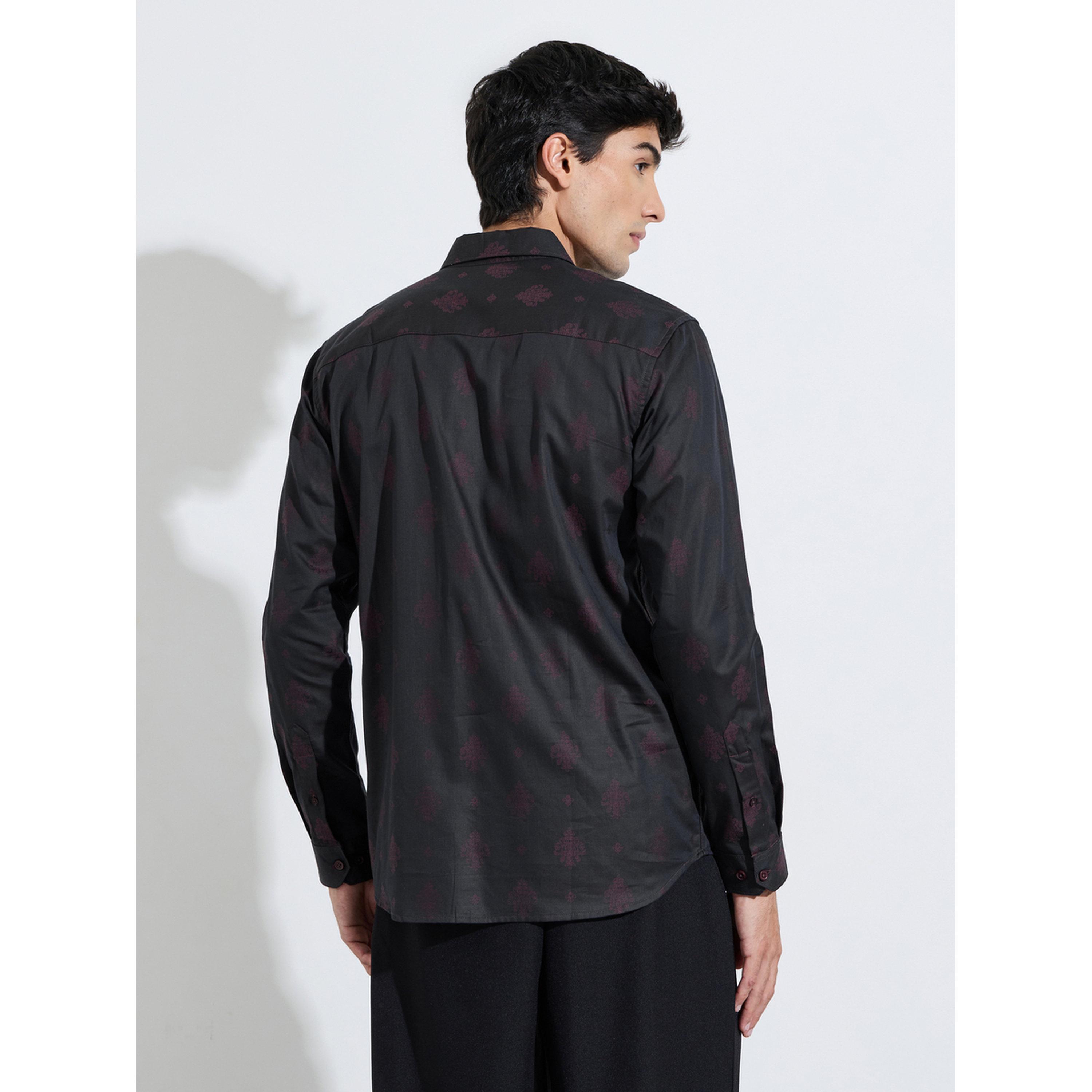 قميص بقصة عادية وأكمام طويلة جاكار - أسود-men-clothing-shirts-image-3