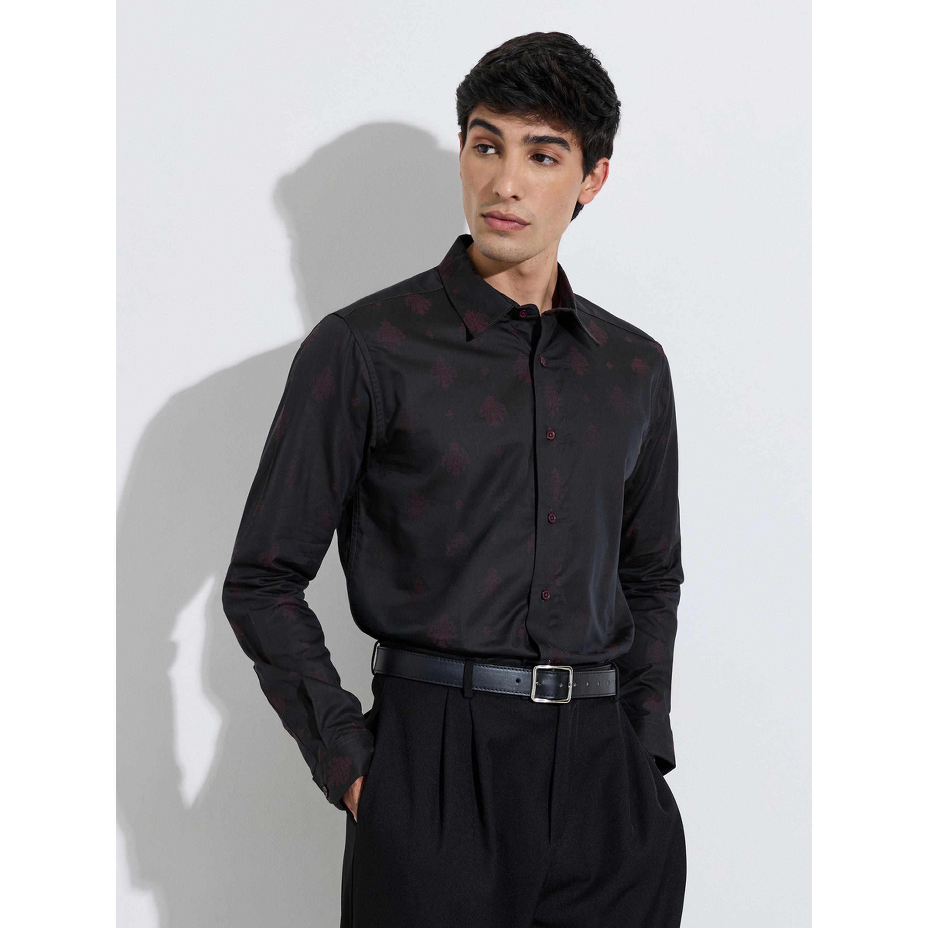 قميص بقصة عادية وأكمام طويلة جاكار - أسود-men-clothing-shirts-image-4