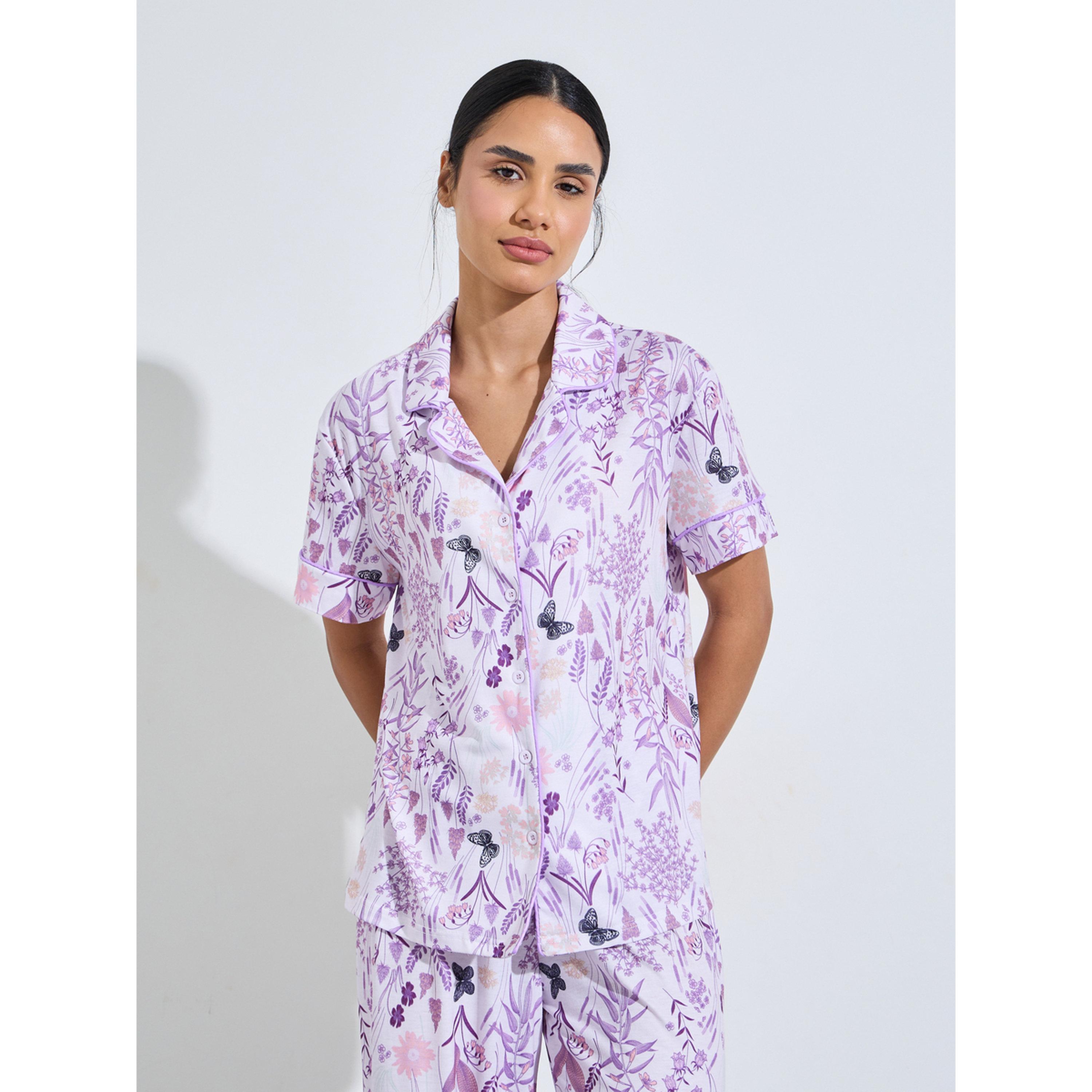 ستايلي - بيجاما قميص مطبوع بالكامل باللون الليلكي وبنطال واسع الساقين-women-clothing-nightwear-pyjamas-longsets-image-2
