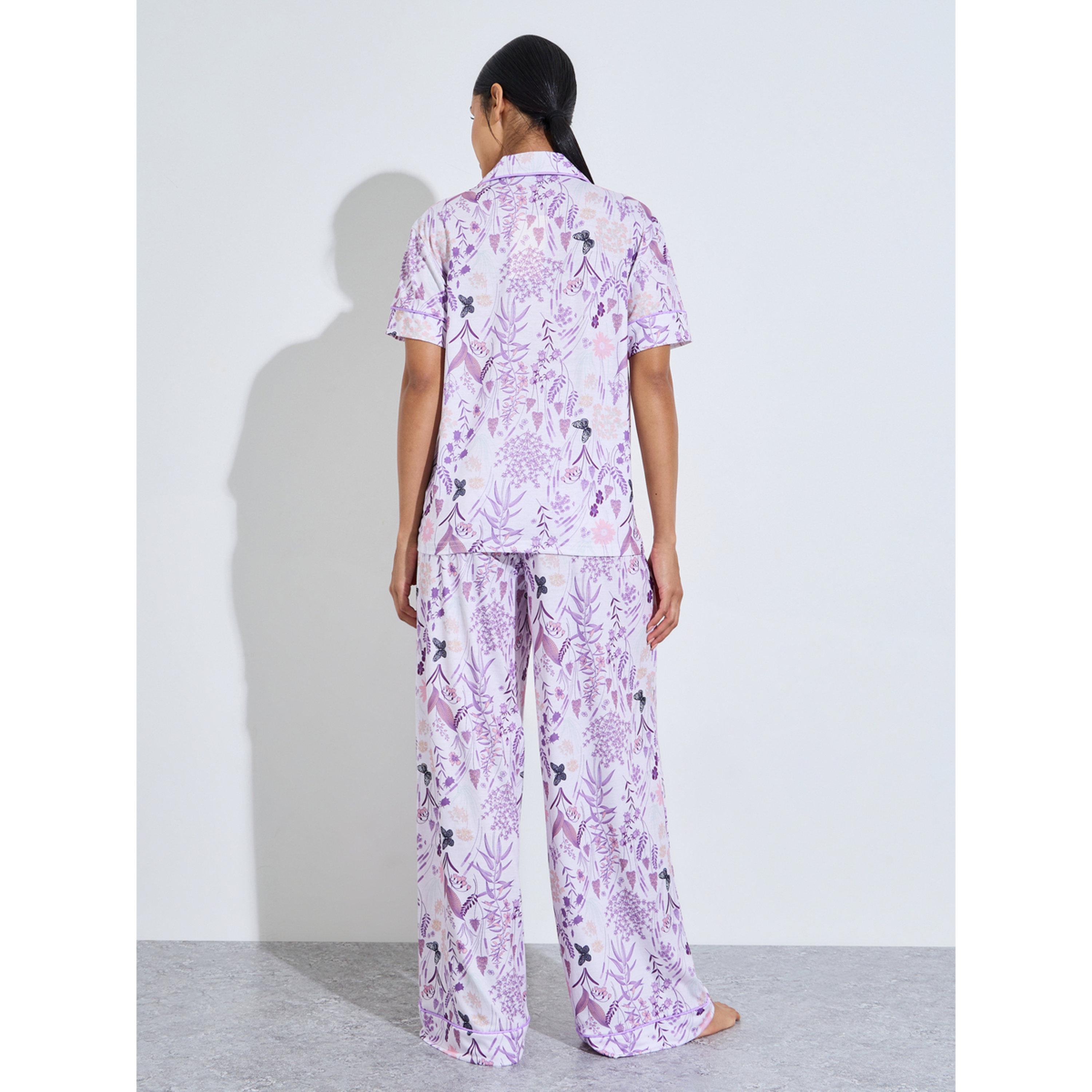 ستايلي - بيجاما قميص مطبوع بالكامل باللون الليلكي وبنطال واسع الساقين-women-clothing-nightwear-pyjamas-longsets-image-3