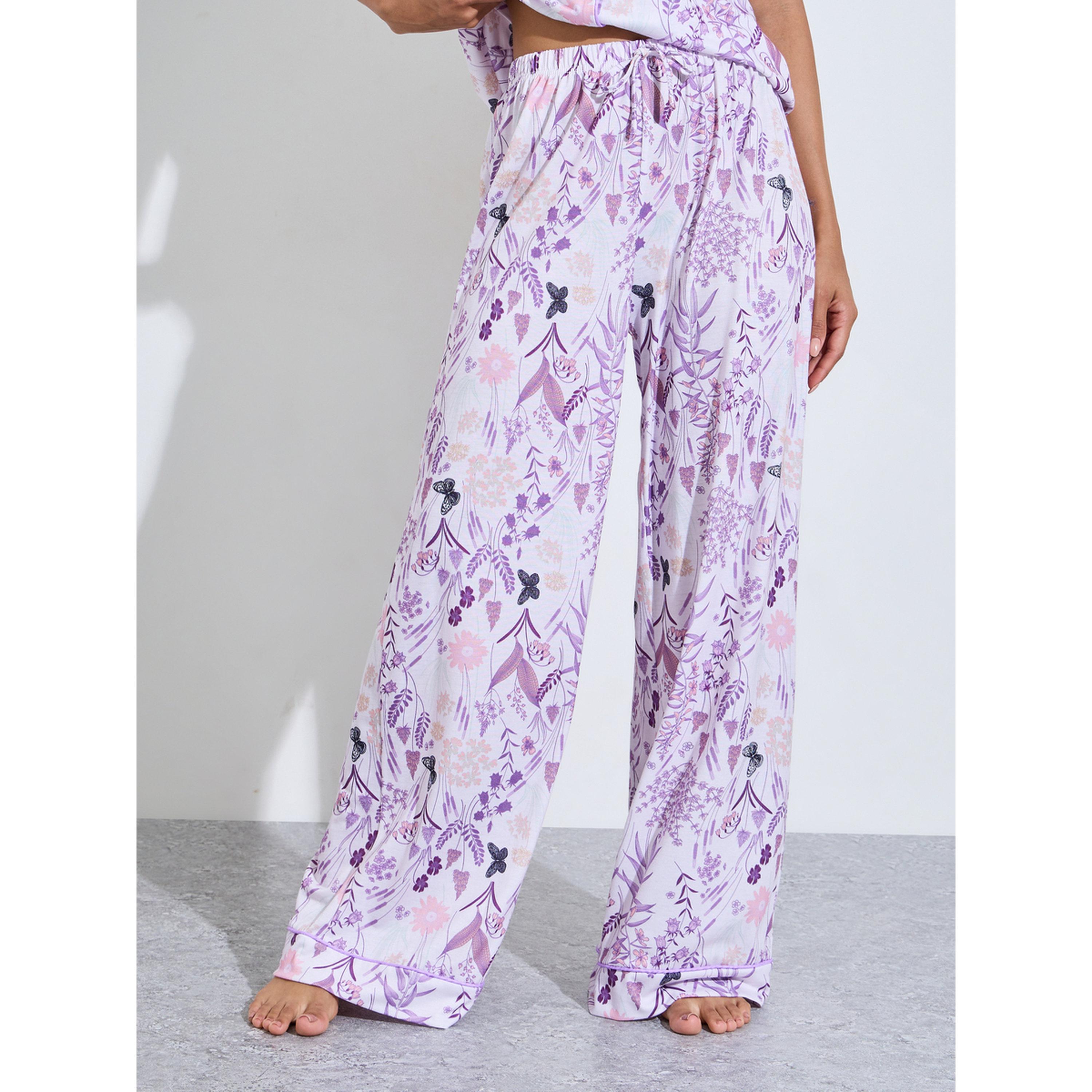 ستايلي - بيجاما قميص مطبوع بالكامل باللون الليلكي وبنطال واسع الساقين-women-clothing-nightwear-pyjamas-longsets-image-4