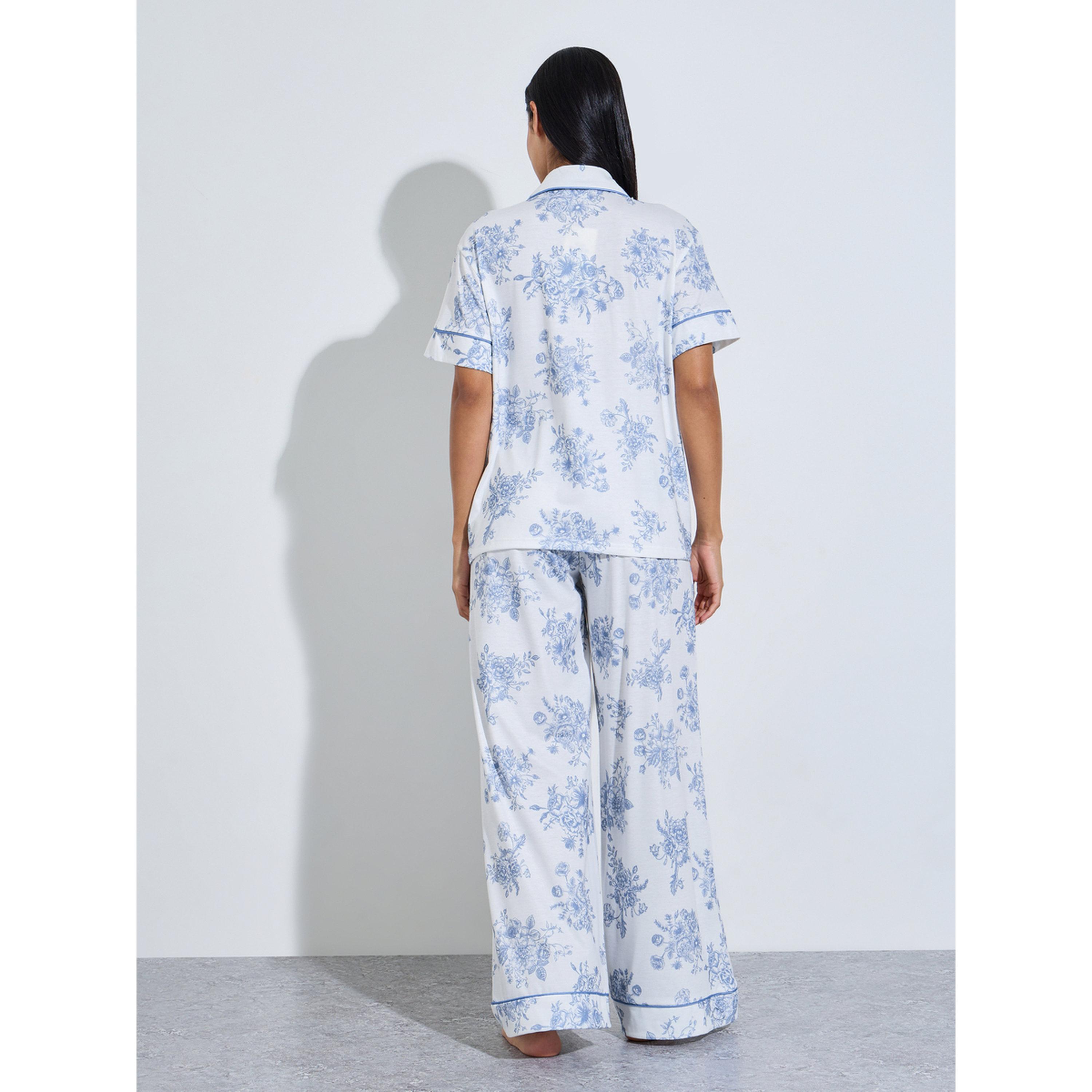 طقم بيجاما من بنطال بأرجل واسعة وبلوزة بأكمام قصيرة وطبعة أزهار متعدد الألوان-women-clothing-nightwear-pyjamas-longsets-image-3
