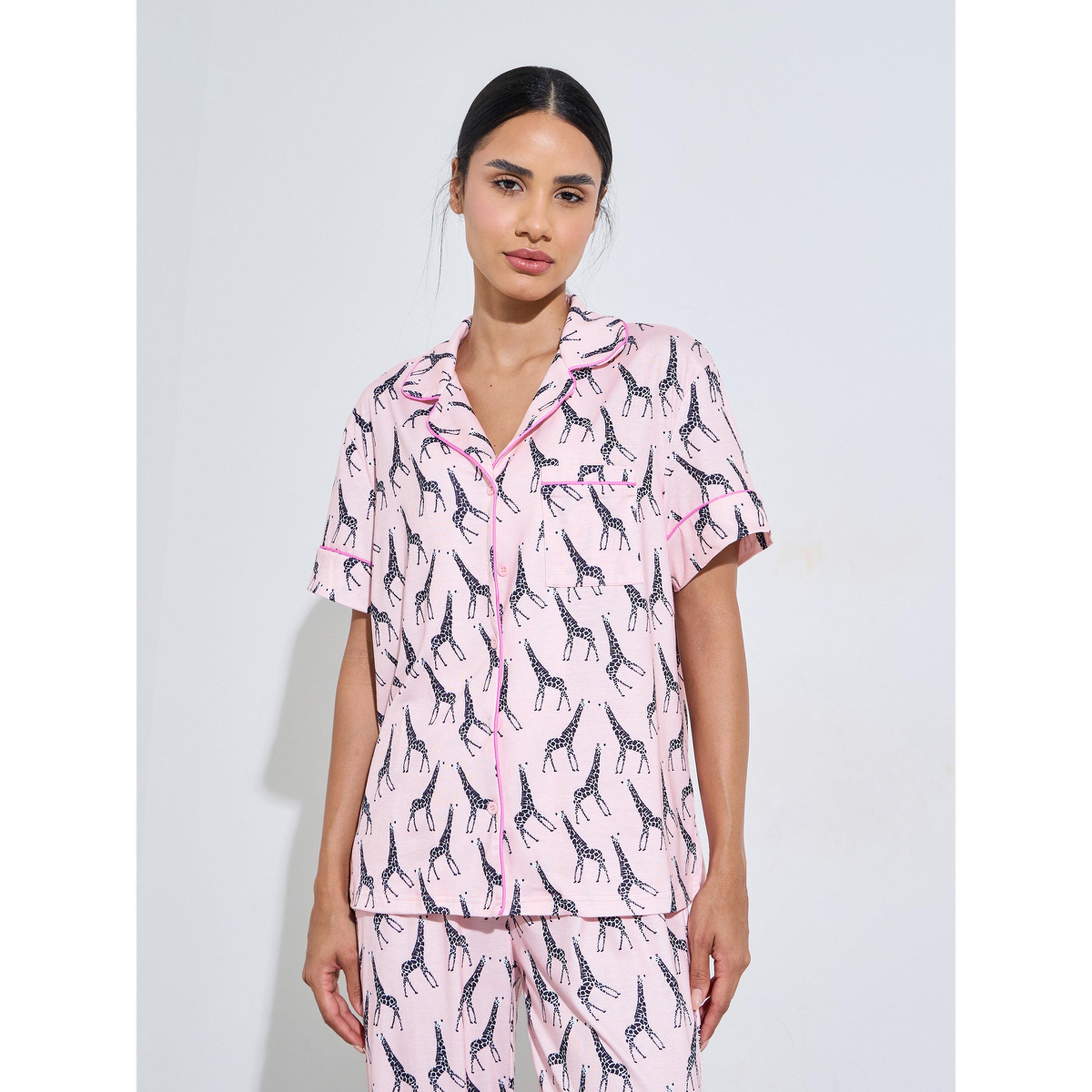 ستايلي - بيجاما وردي اللون طبعة صورة زرافة بالكامل قميص وبنطال بقصة مستقيمة-women-clothing-nightwear-pyjamas-longsets-image-2