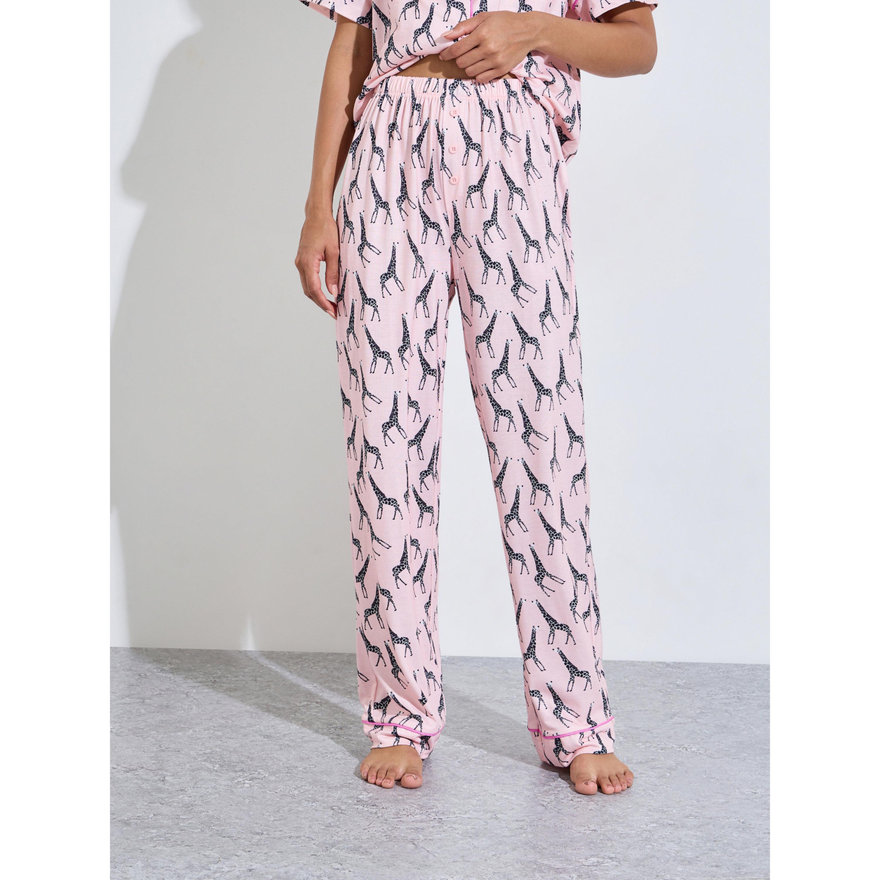 ستايلي - بيجاما وردي اللون طبعة صورة زرافة بالكامل قميص وبنطال بقصة مستقيمة-women-clothing-nightwear-pyjamas-longsets-image-4