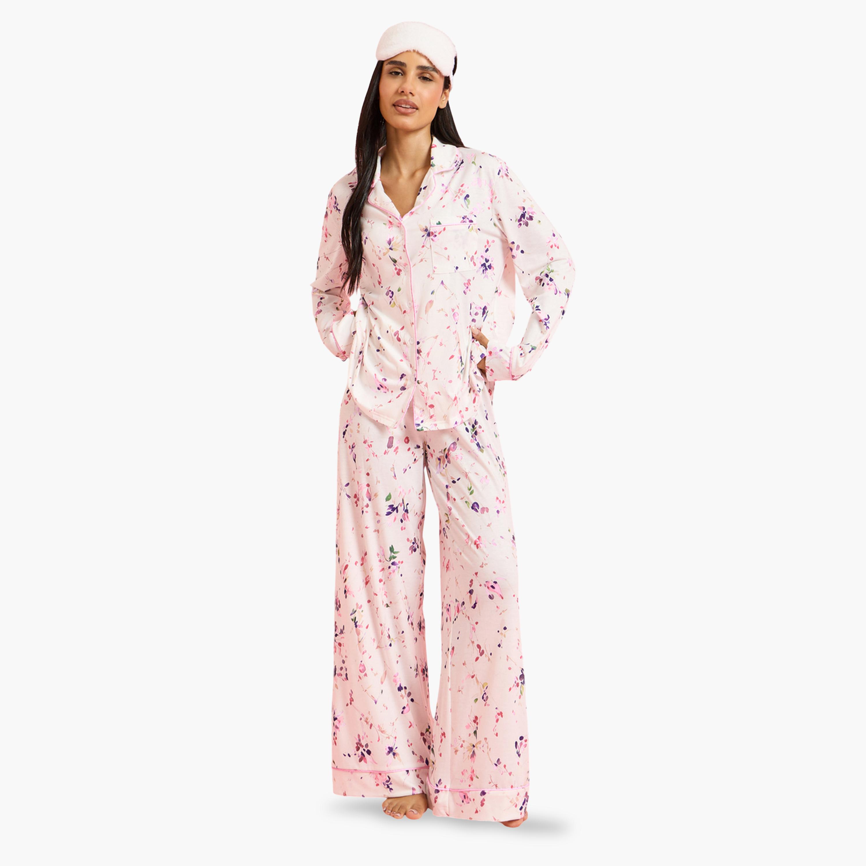 طقم بيجاما من بنطال بأرجل واسعة وبلوزة بطبعة زهور باللون الكريمه-women-clothing-nightwear-pyjamas-longsets-image-1