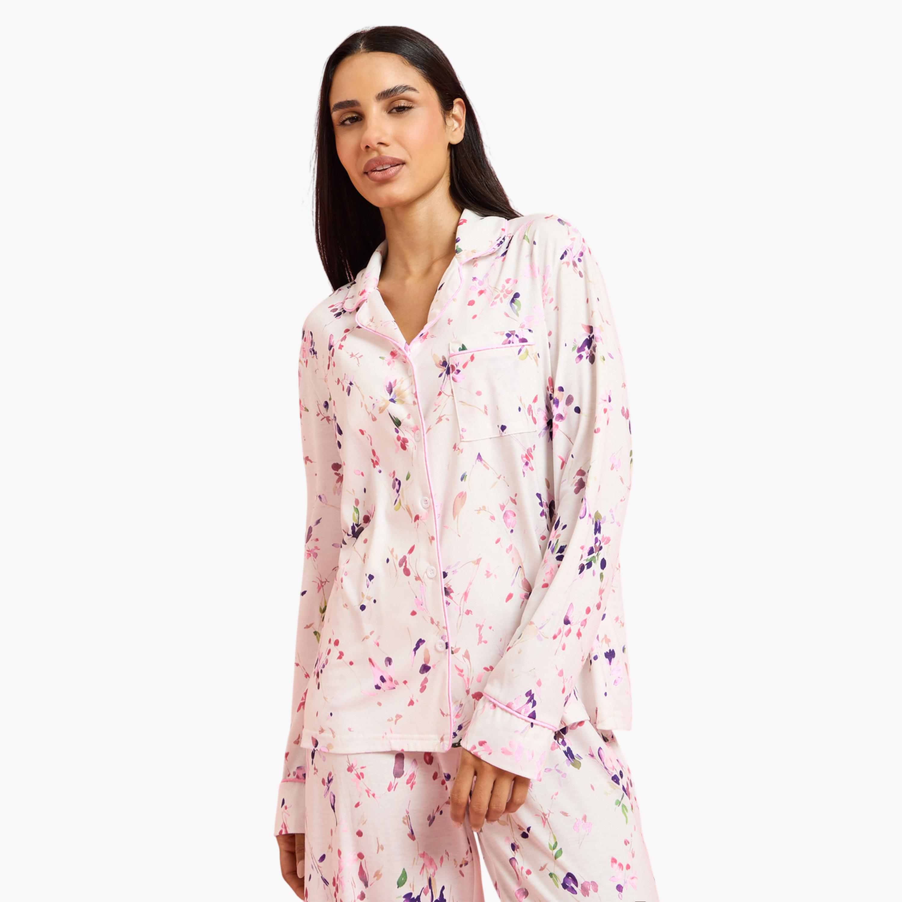 طقم بيجاما من بنطال بأرجل واسعة وبلوزة بطبعة زهور باللون الكريمه-women-clothing-nightwear-pyjamas-longsets-image-2
