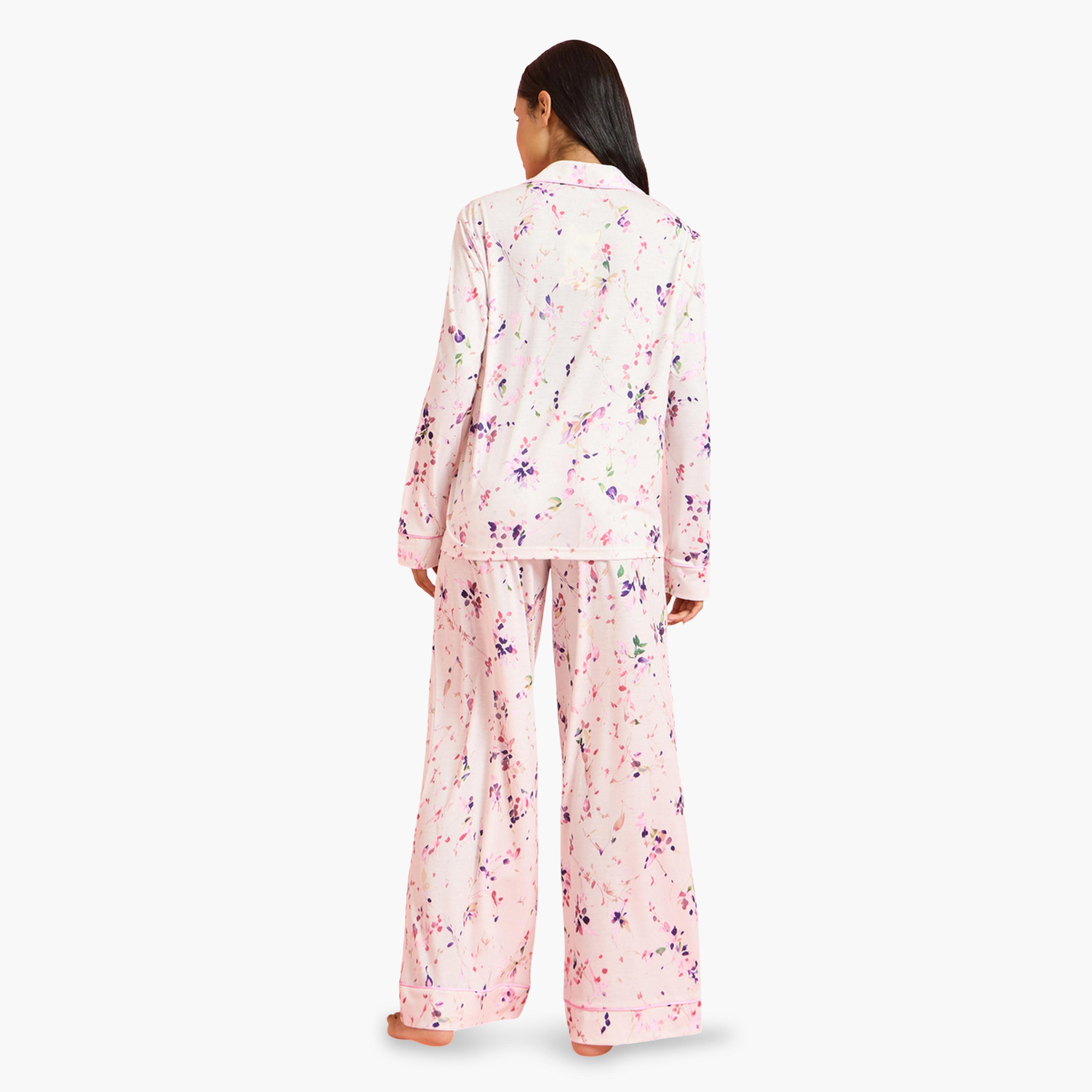 طقم بيجاما من بنطال بأرجل واسعة وبلوزة بطبعة زهور باللون الكريمه-women-clothing-nightwear-pyjamas-longsets-image-3