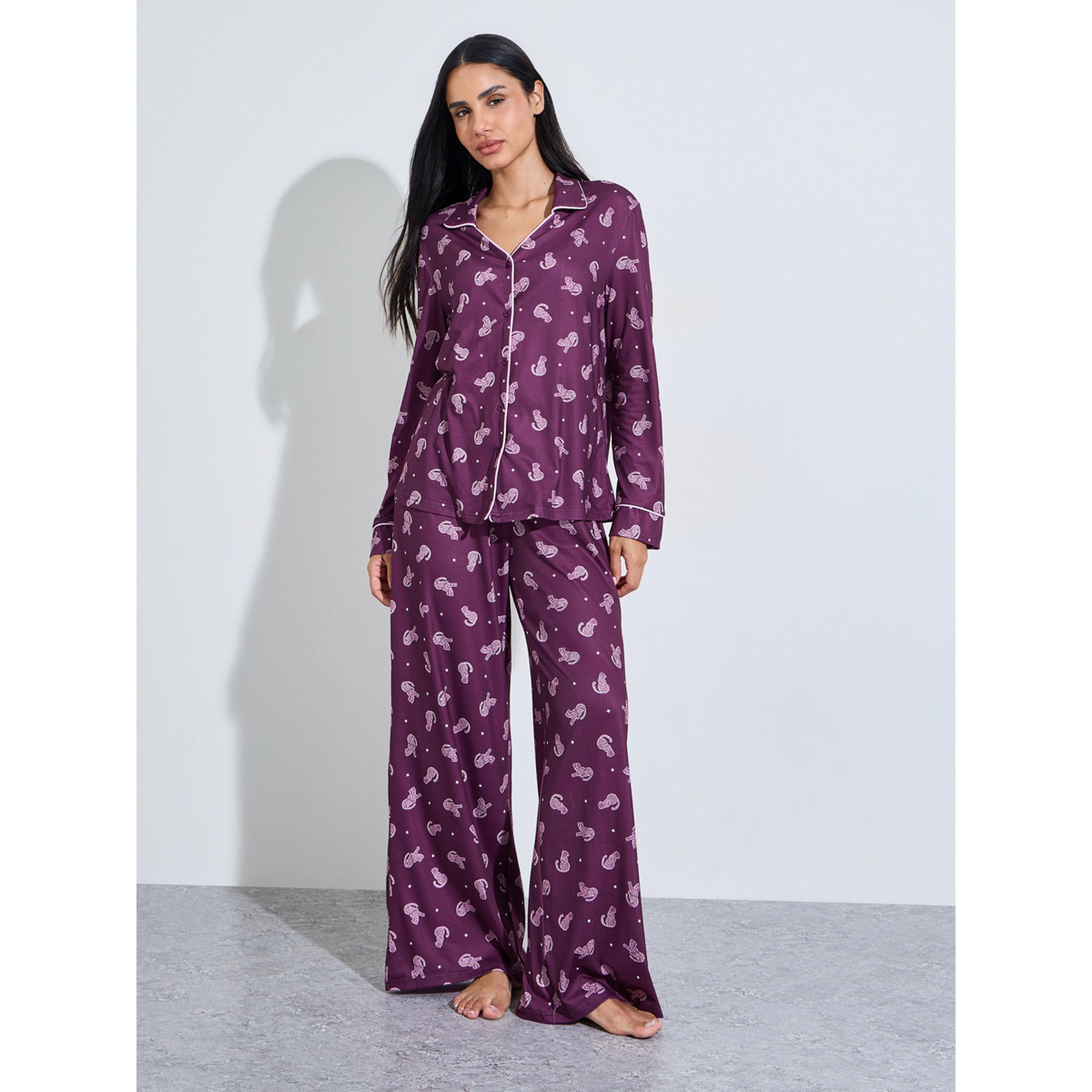 Styli Burgundy All Over Print Shirt and Wide Leg Pants Pyjama Set-women-clothing-nightwear-pyjamas-longsets-image-1