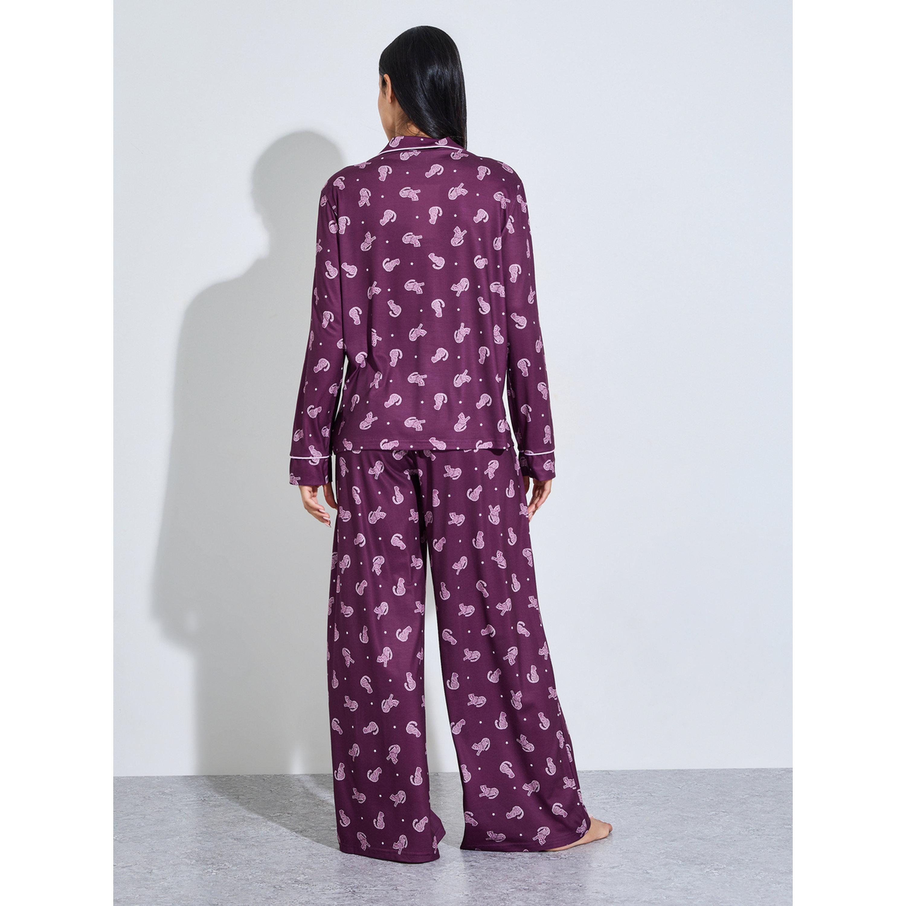 Styli Burgundy All Over Print Shirt and Wide Leg Pants Pyjama Set-women-clothing-nightwear-pyjamas-longsets-image-2