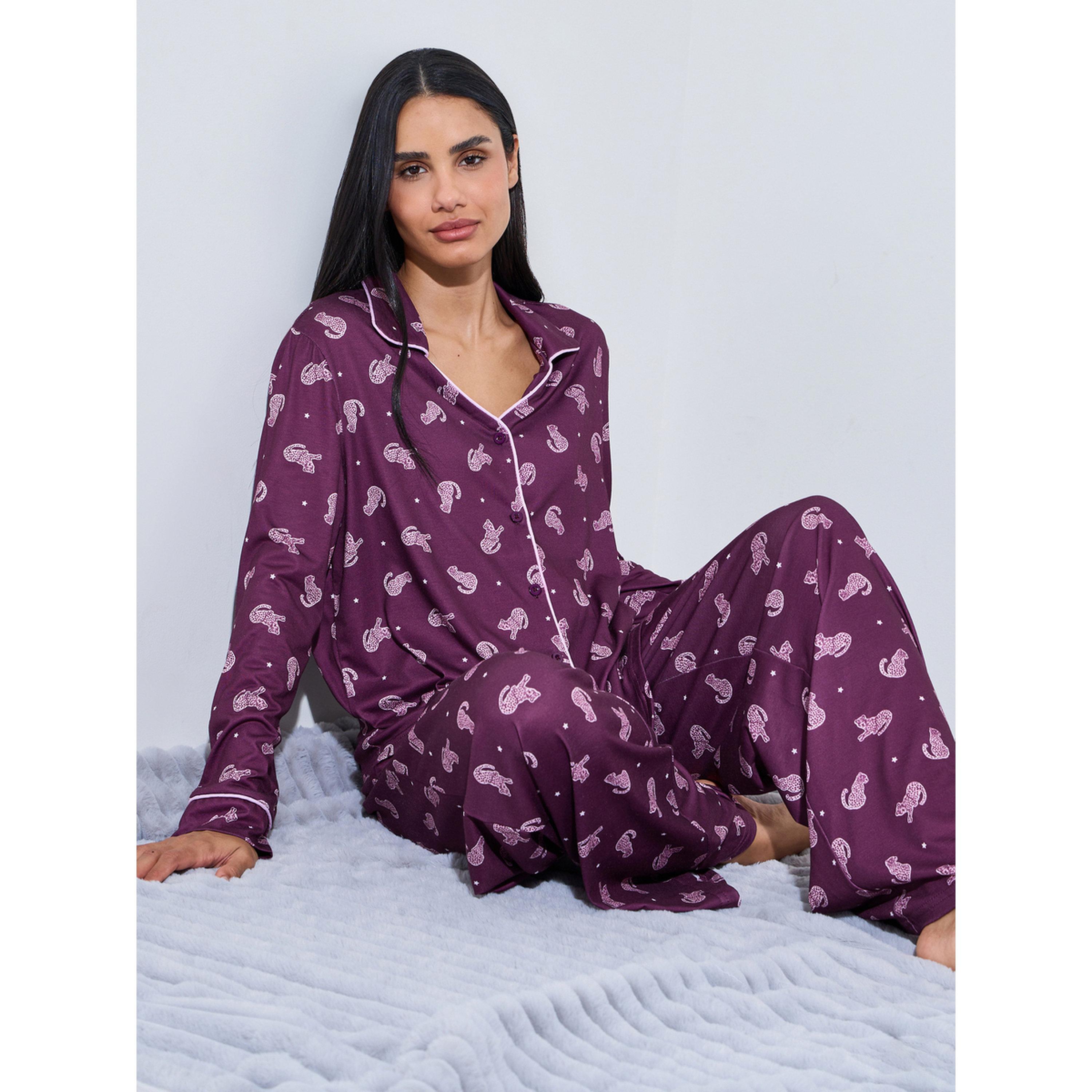 Styli Burgundy All Over Print Shirt and Wide Leg Pants Pyjama Set-women-clothing-nightwear-pyjamas-longsets-image-3