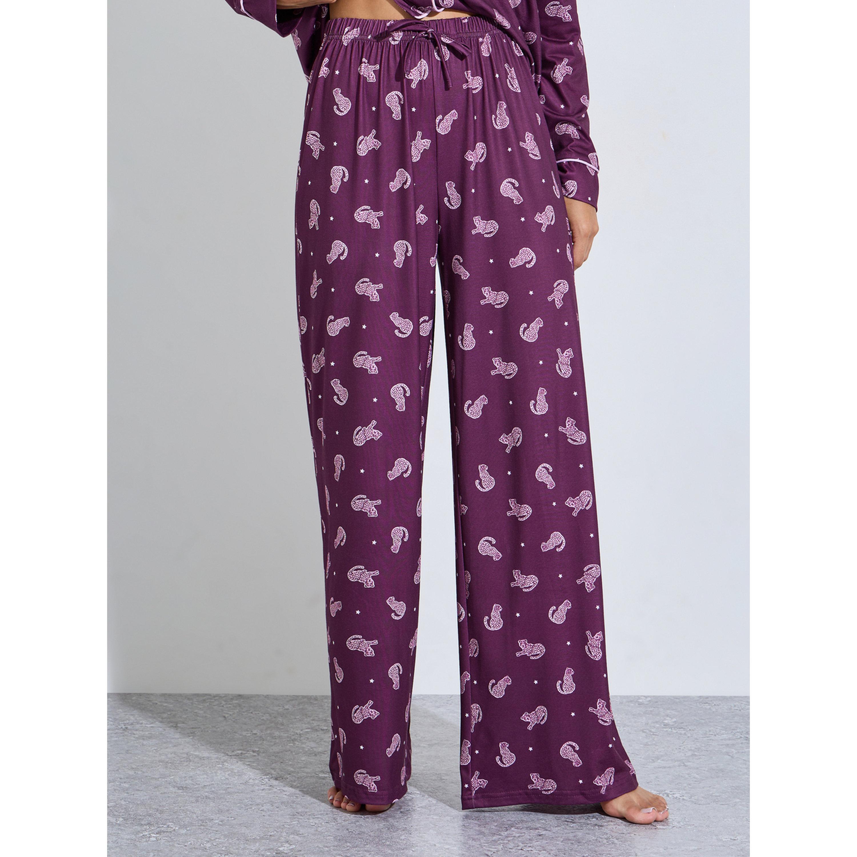 Styli Burgundy All Over Print Shirt and Wide Leg Pants Pyjama Set-women-clothing-nightwear-pyjamas-longsets-image-4